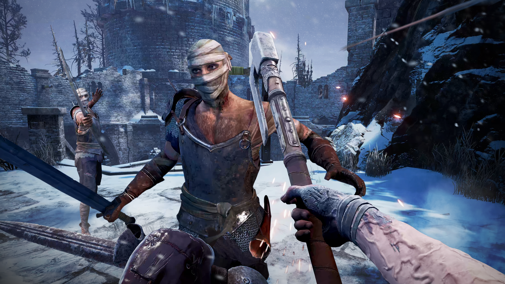 Behemoth VR screenshot, bandaged enemy being hit by an axe