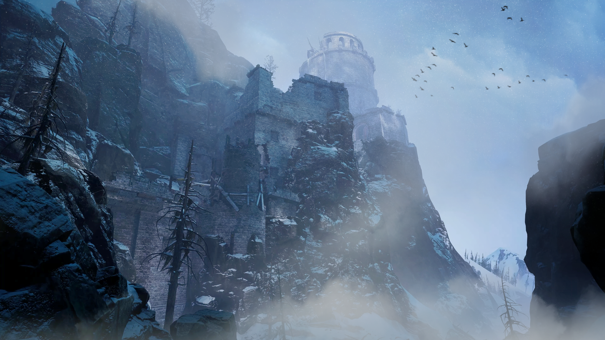 Behemoth VR screenshot, shows a damaged castle in a snowy tundra
