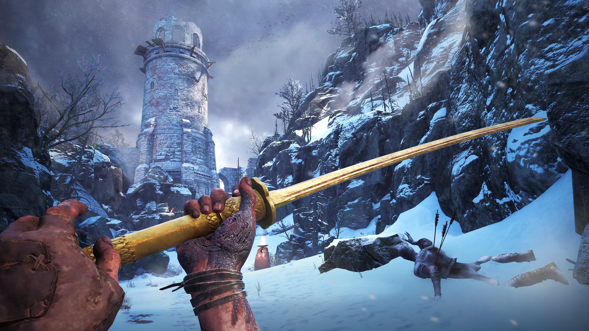 Behemoth VR screenshot, shows main character holding a golden sword