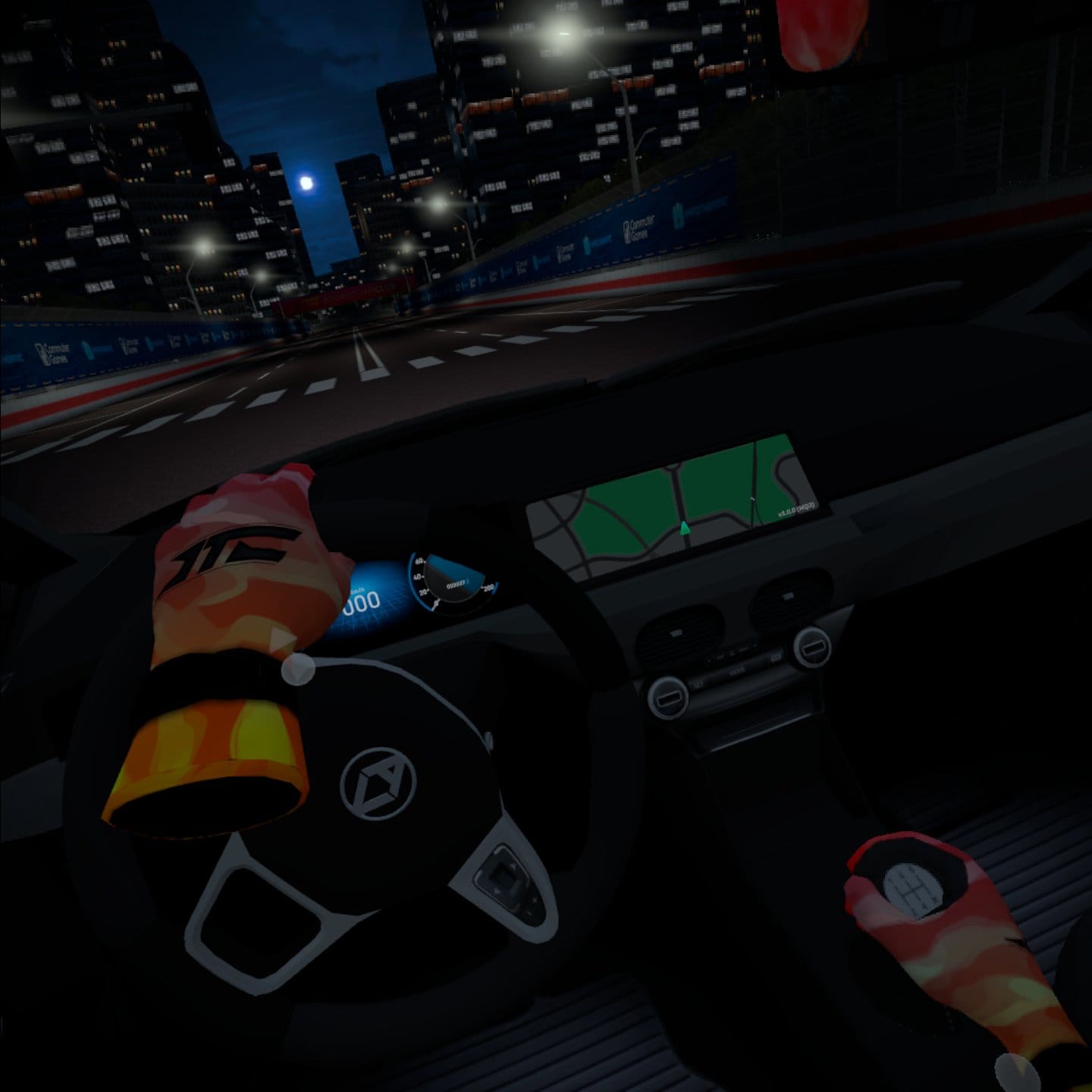 Downtown Club at night, a driver sits in the driver's seat with hands on the steering wheel and shifter.