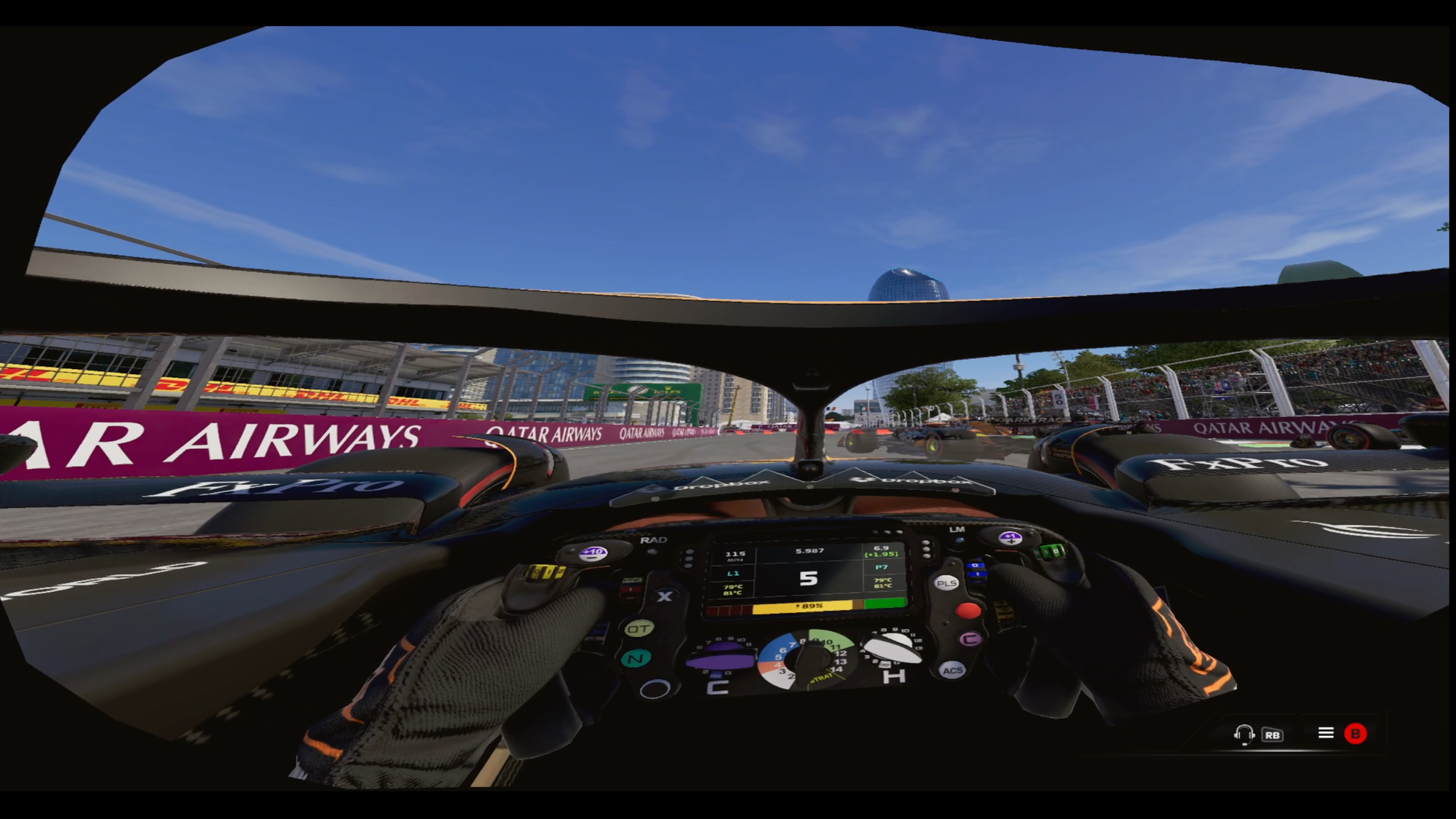 F1 24 screenshot - Lando Norris approaching first corner at Baku street circuit