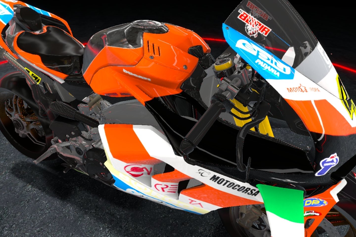 VRIDER screenshot - An orange and white motorbike with lots of advertising labels all over it.