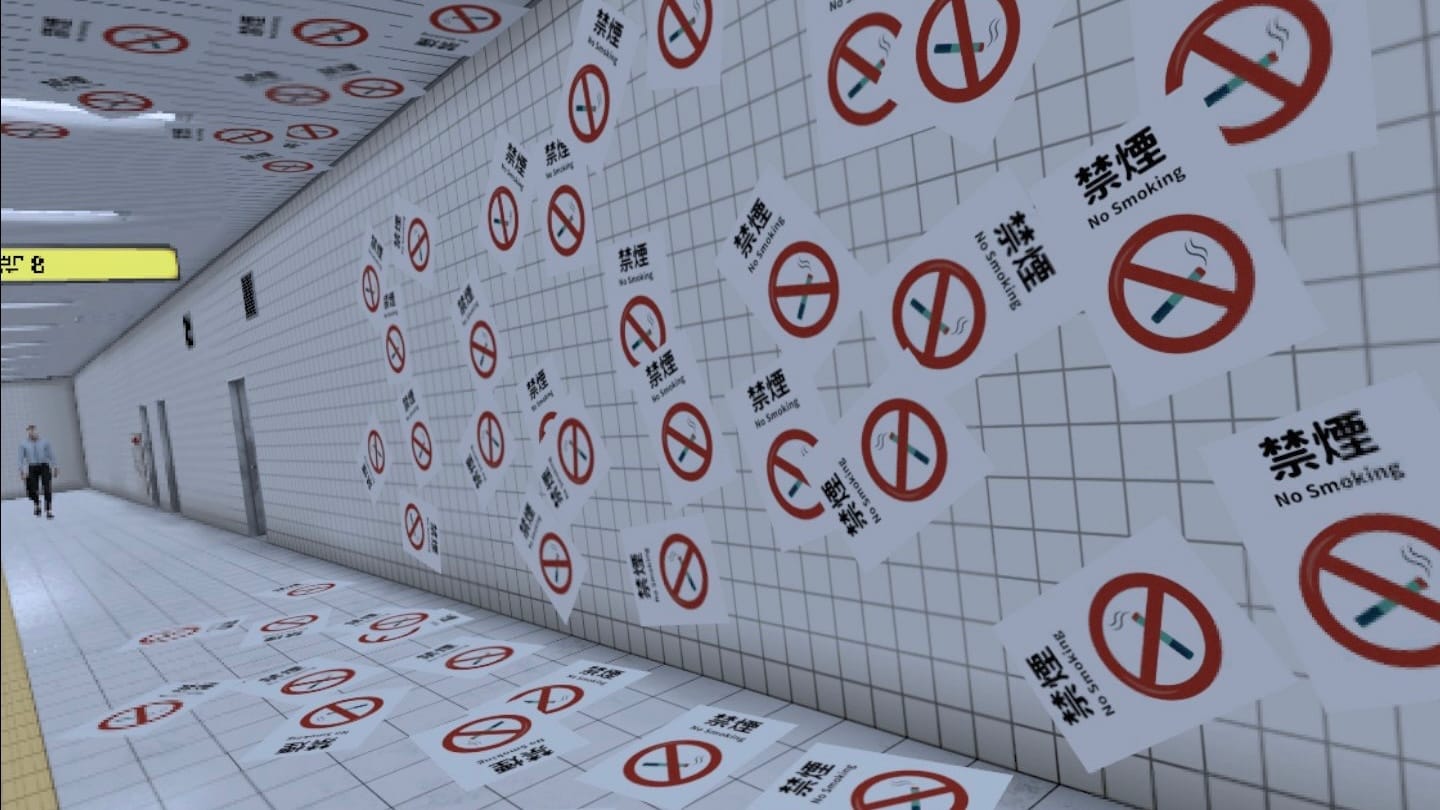 Captura de pantalla de la salida 8 VR: carteles de prohibido fumar colocados en toda la estación