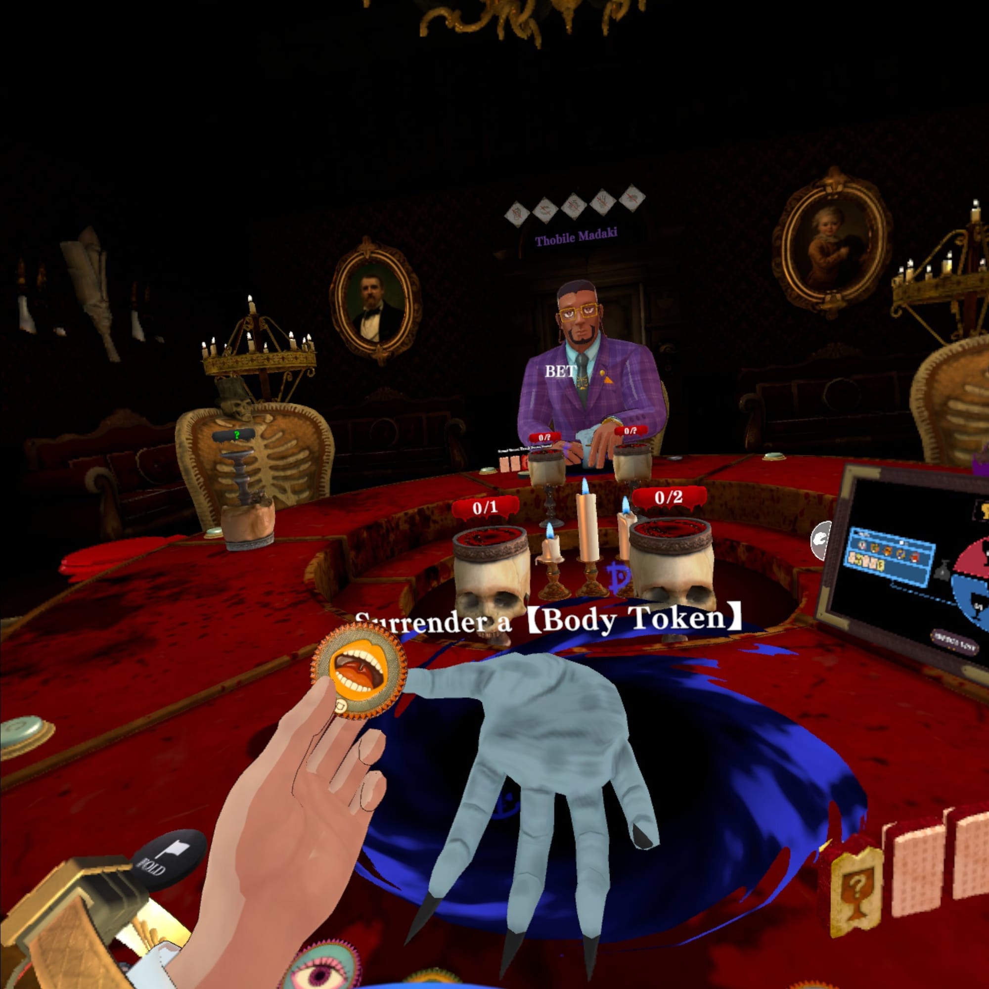 Surrendering a body token to the hand coming out of the table
