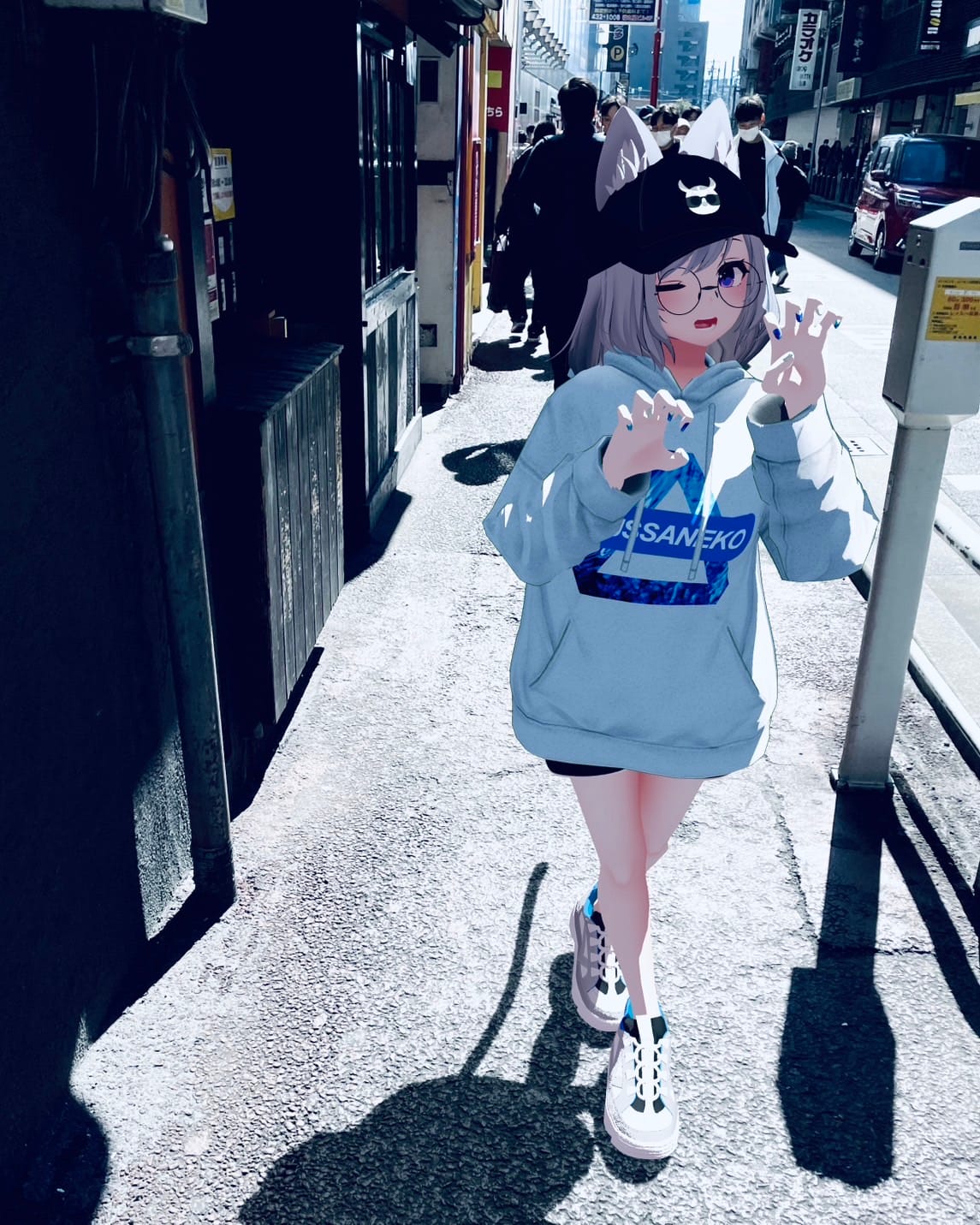 A mixed-reality photo of a virtual avatar (fair skin, white hair, sweatshirt, and sneakers) walking down a physical street of modern-day Japan.