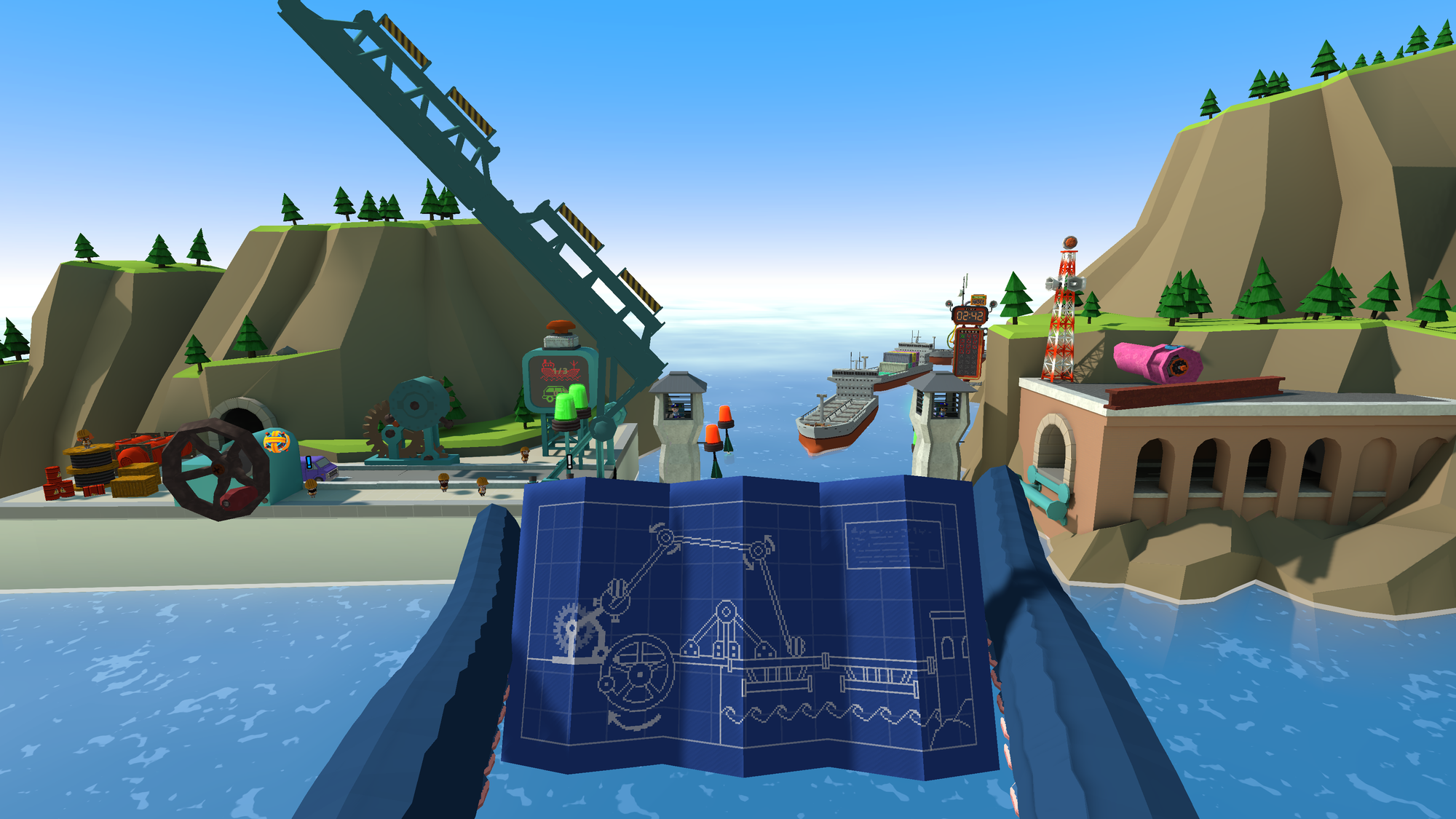 Tentacular screenshot shows the main character holding oversized blueprints