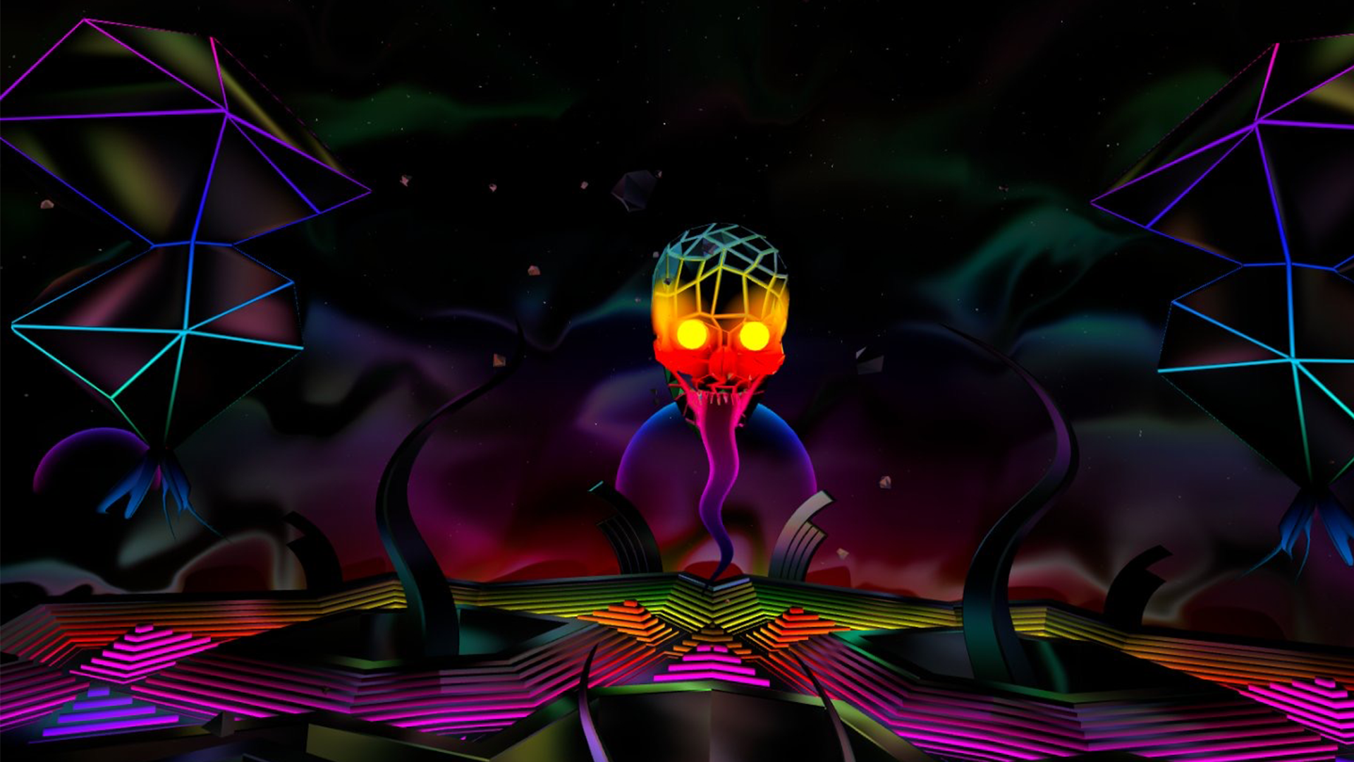 Thrasher screenshot shows an ominous skull with psychedelic colors in the distance