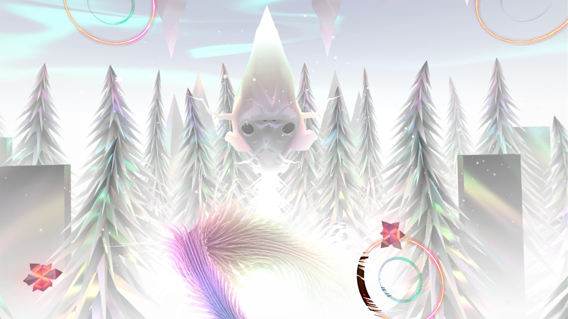 Thrasher screenshot shows a forest of silver trees covered in white light