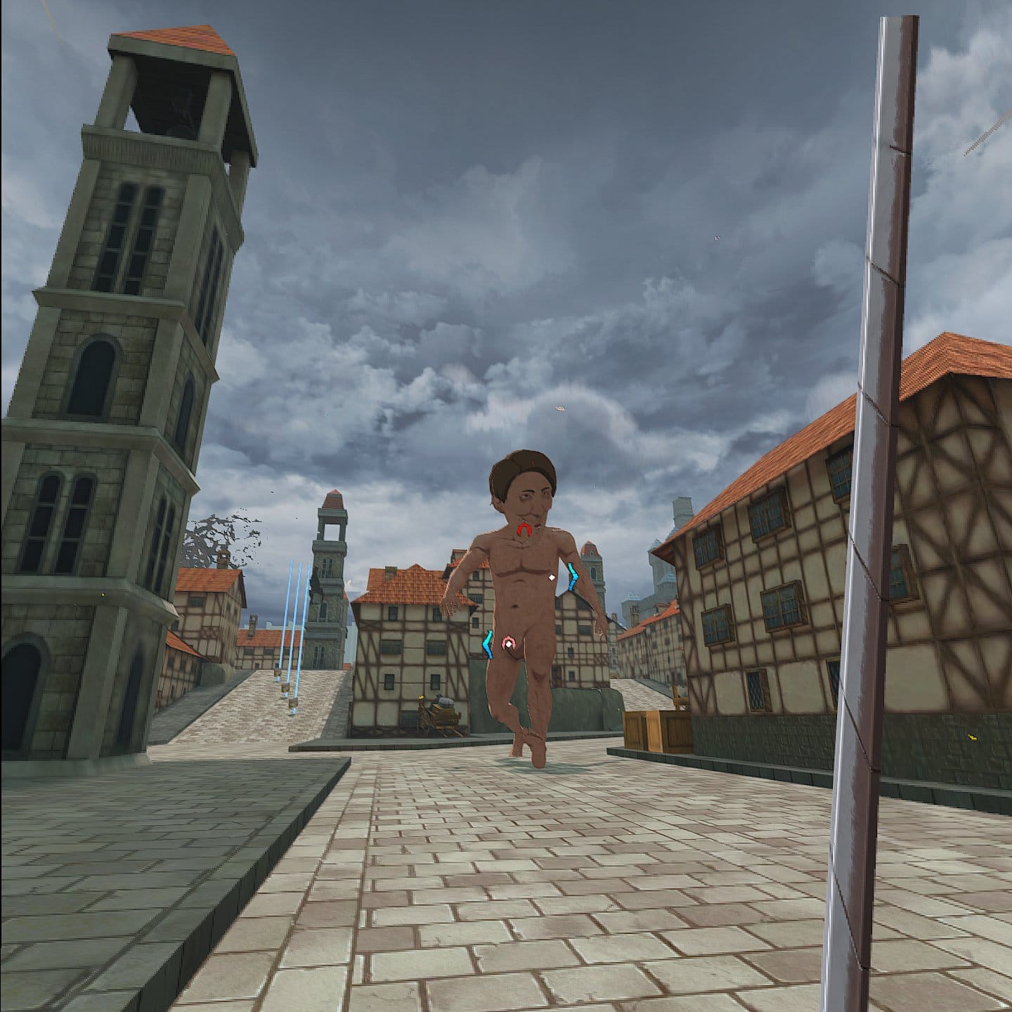 Attack on Titan VR: Unbreakable screenshot, shows you aiming your ODM at a nearby Titan