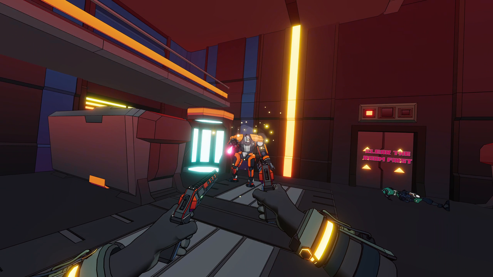 Sweet Surrender screenshot - shows you dual wielding pistols and shooting a robot