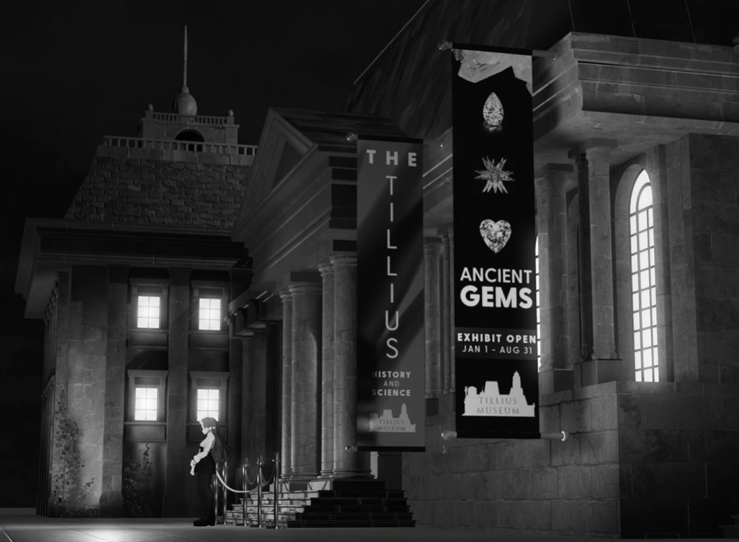 A virtual museum with a woman waiting outside, set in VR and in monochrome.