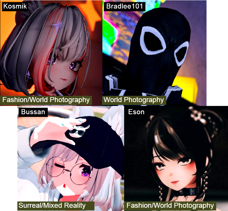 Four people listed by their names with their respective avatars: Kosmik (Fashion/World photography), Bradlee101 (World Photography), Bussan (Surreal/Mixed Reality), and Eson (Fashion/World Photography).