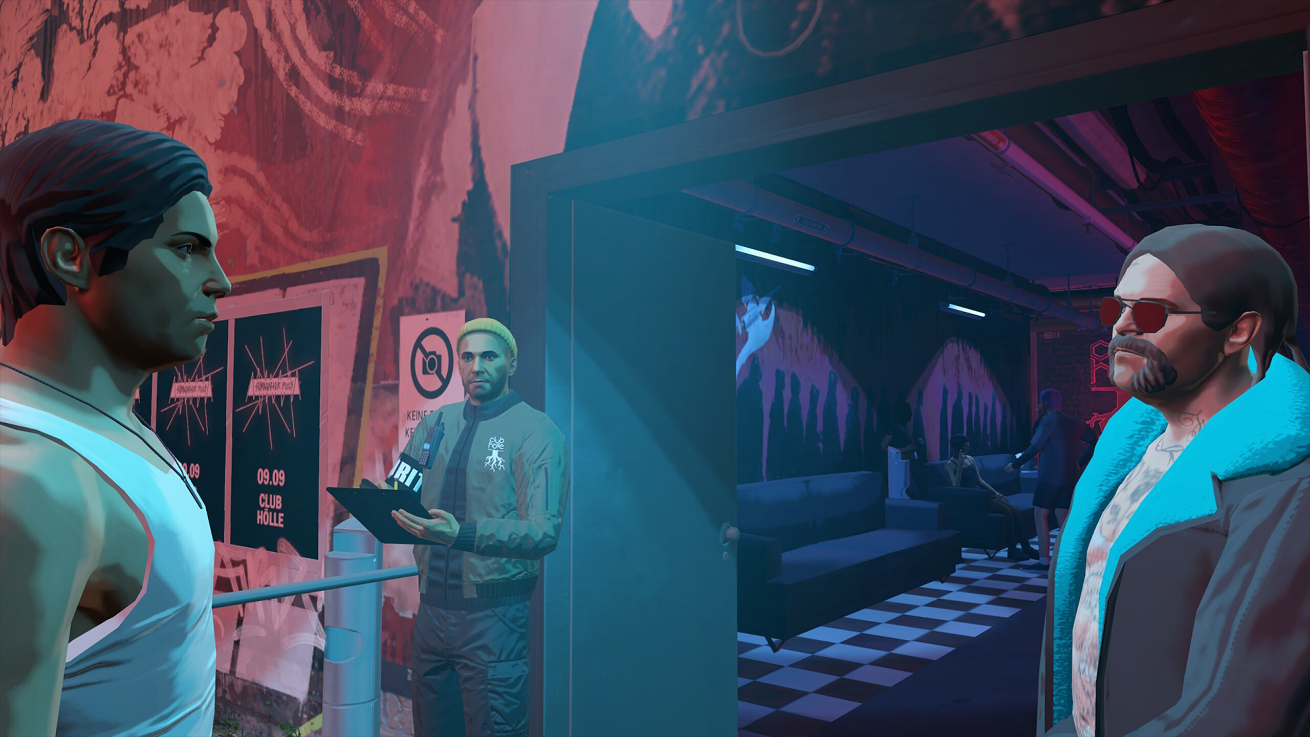 Hitman 3 VR: Reloaded screenshot inside a club with two guys staring at each other by a doorway