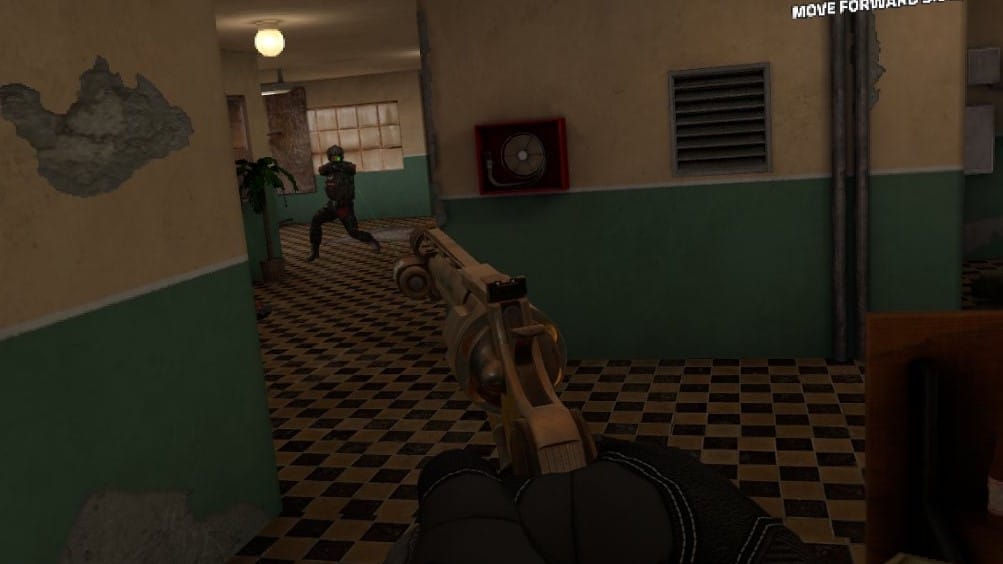 Zero Caliber 2 screenshot shows you aiming a pistol at an enemy down a hallway