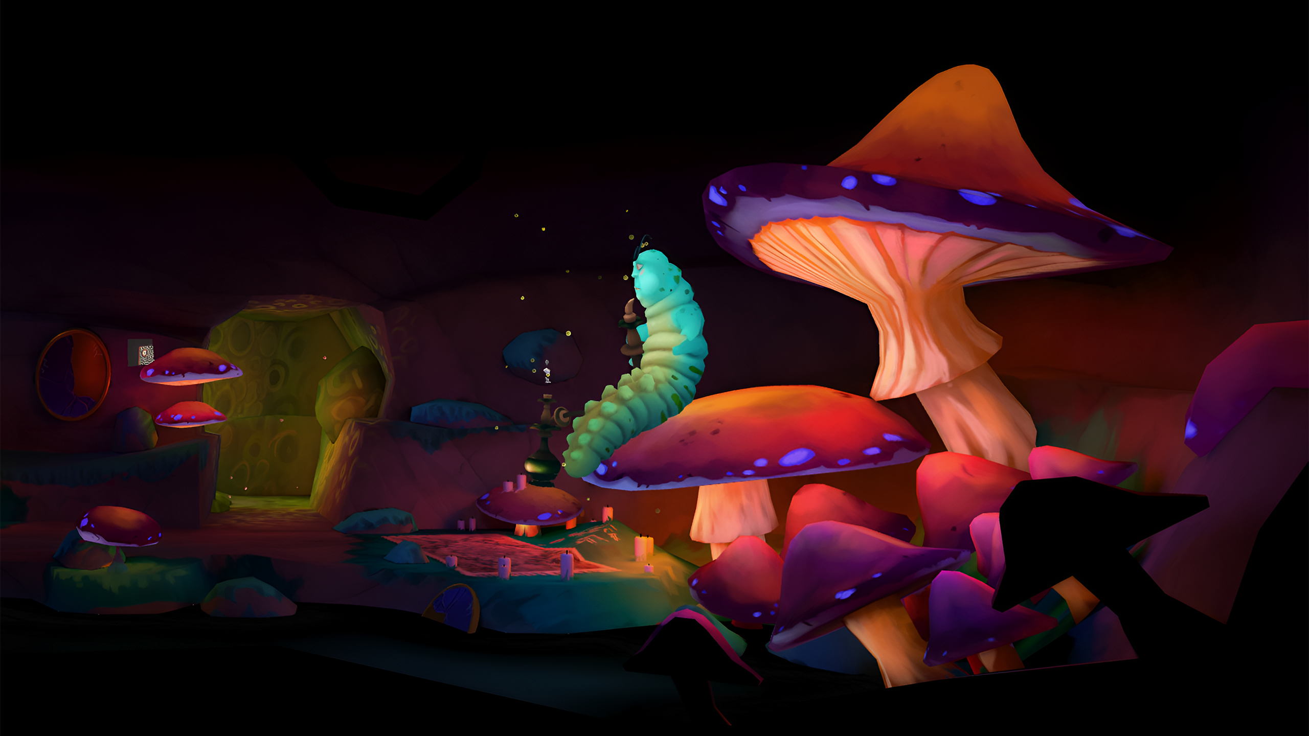 A giant blue caterpillar rests atop mushrooms in a dimly lit cave, smoking his hookah