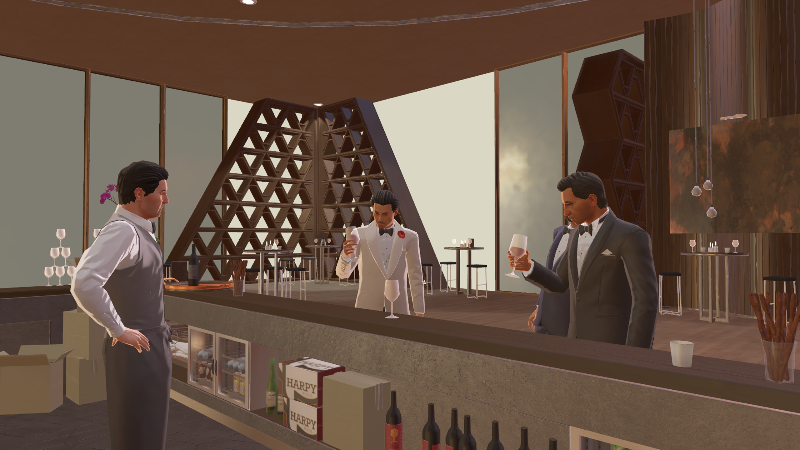 Hitman 3 VR Reloaded screenshot several smartly dressed men drinking at a bar as the bartender watches