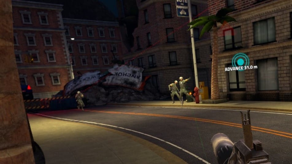 Zero Caliber 2 screenshot shows you approaching soldiers in a rubble-filled street