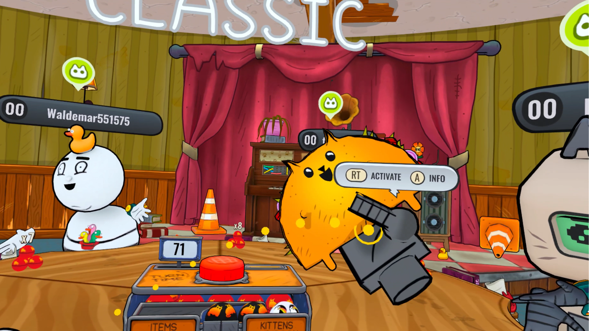 La captura de pantalla de Exploding Kittens VR te muestra sosteniendo un "gato taco" con indicaciones de la interfaz de usuario para activarlo