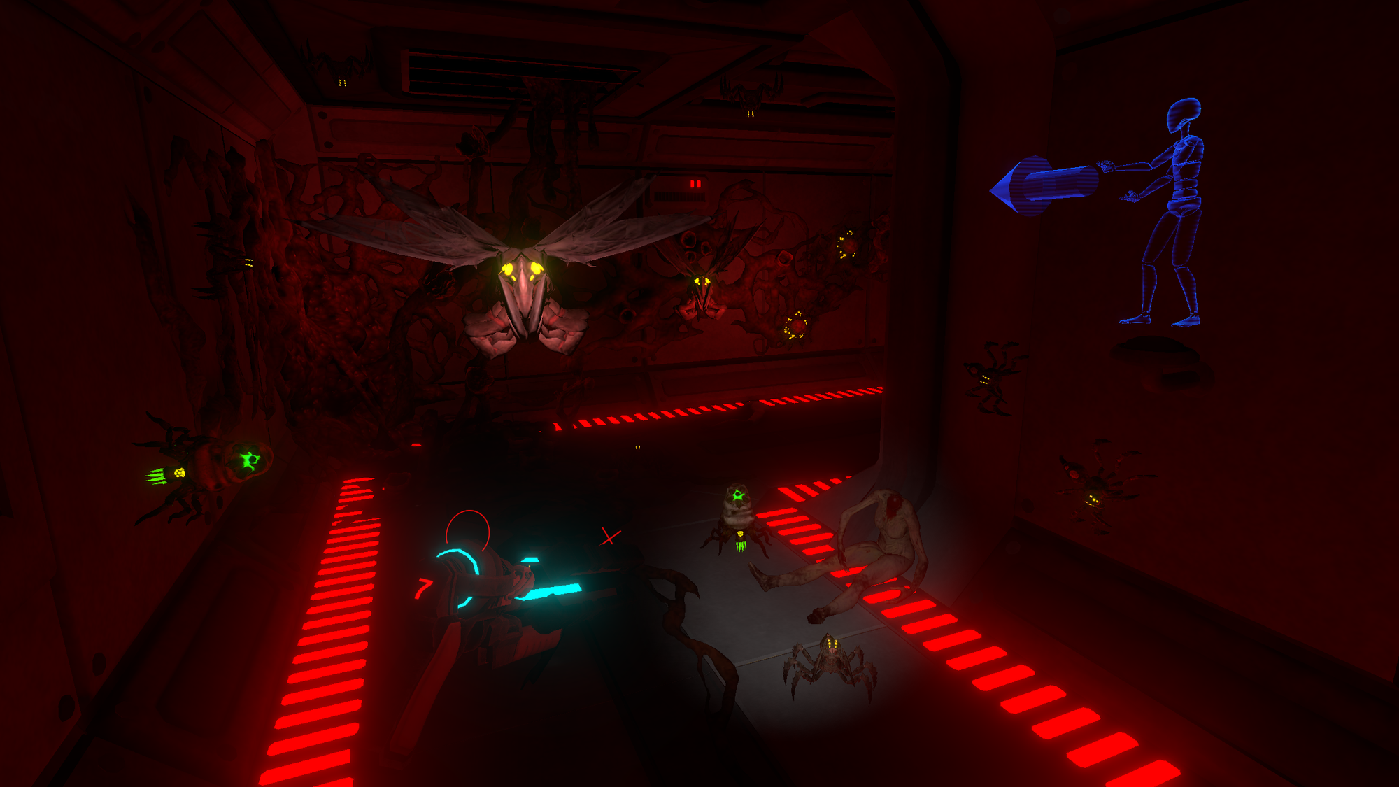 Flying aliens and insect-like monsters surrounding you in a room with red lighting