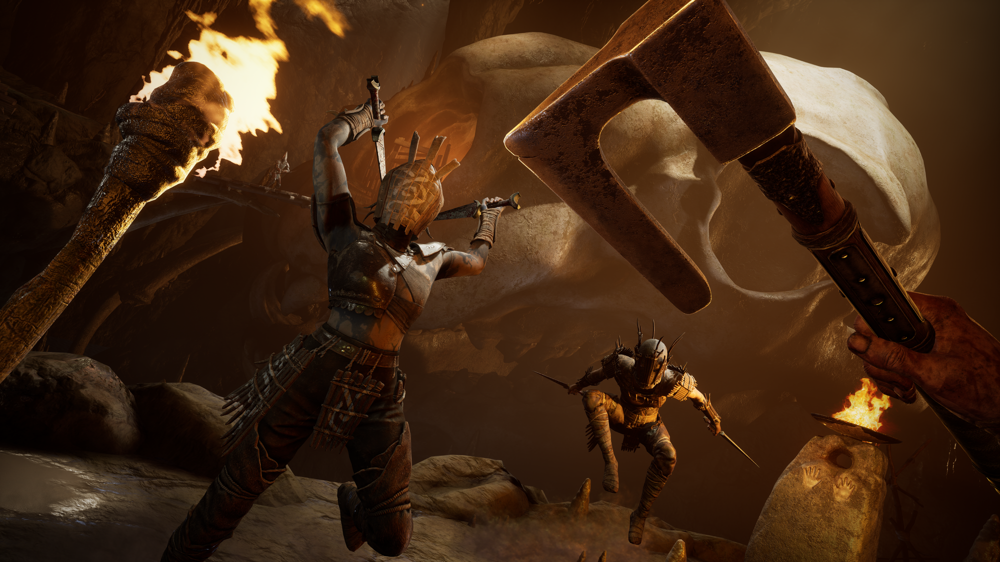 Skydance's Behemoth screenshot shows two enemies preparing to attack you while you wield a weapon