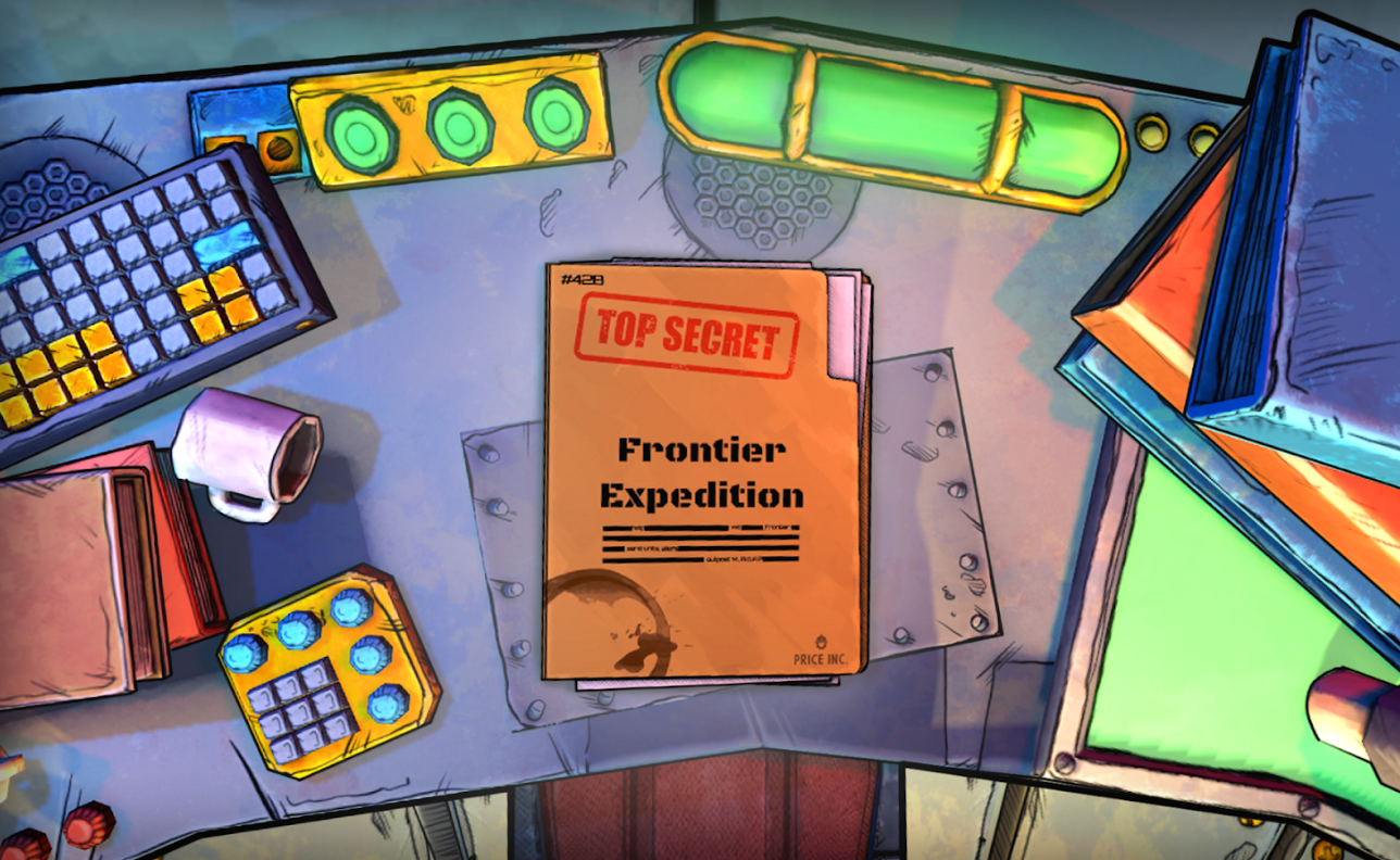 Folder on a crowded desk that says "Frontier Expedition" with "Top Secret" stamped above.