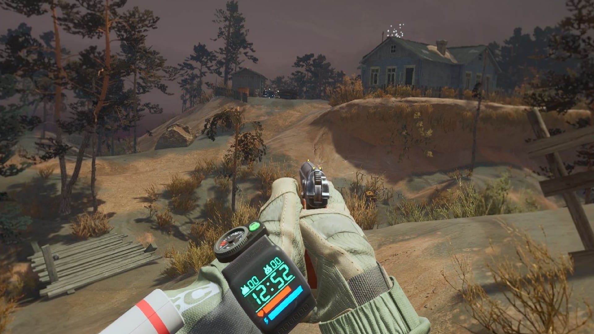 POV of two hands holding a gun facing a hill with a house on it in Into the Radius 2