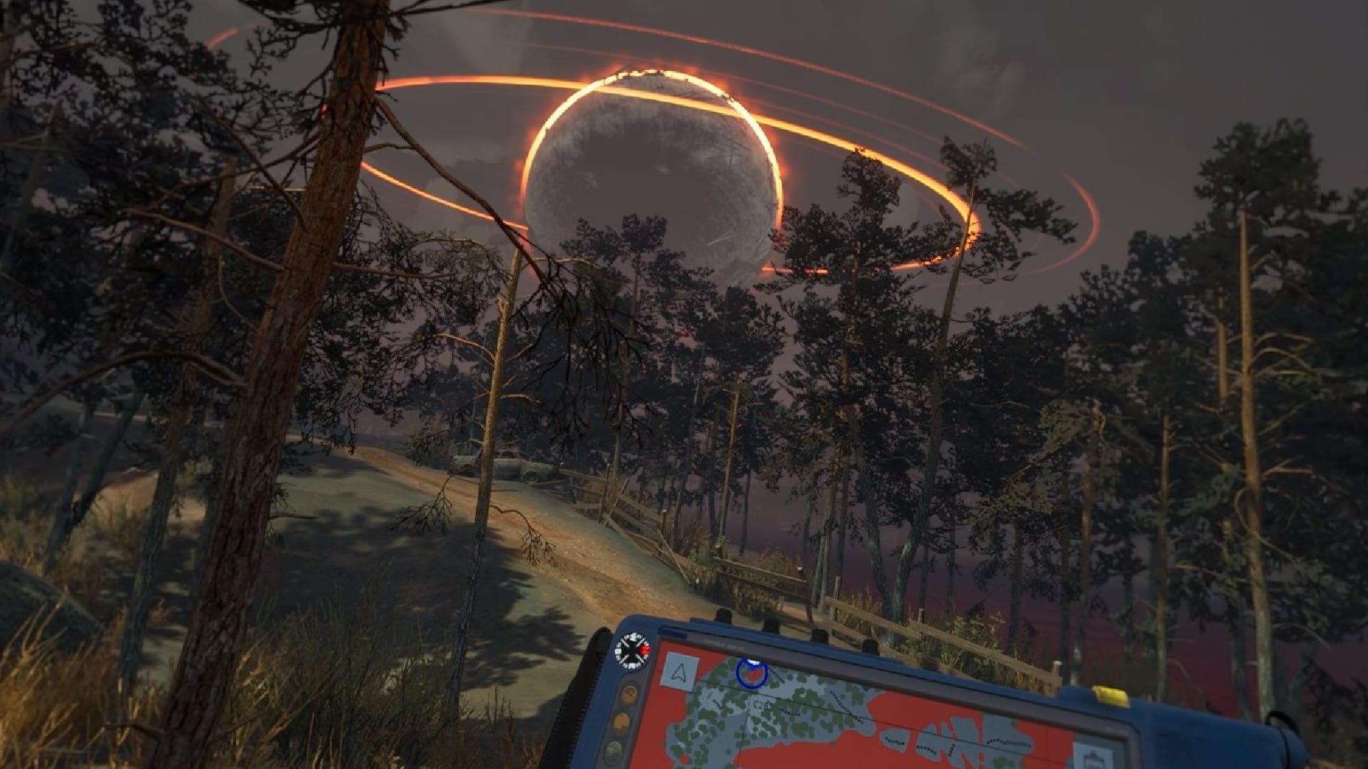 A giant sphere-like planet in the sky above a wooded area with orange rings surrounding it in Into the Radius 2