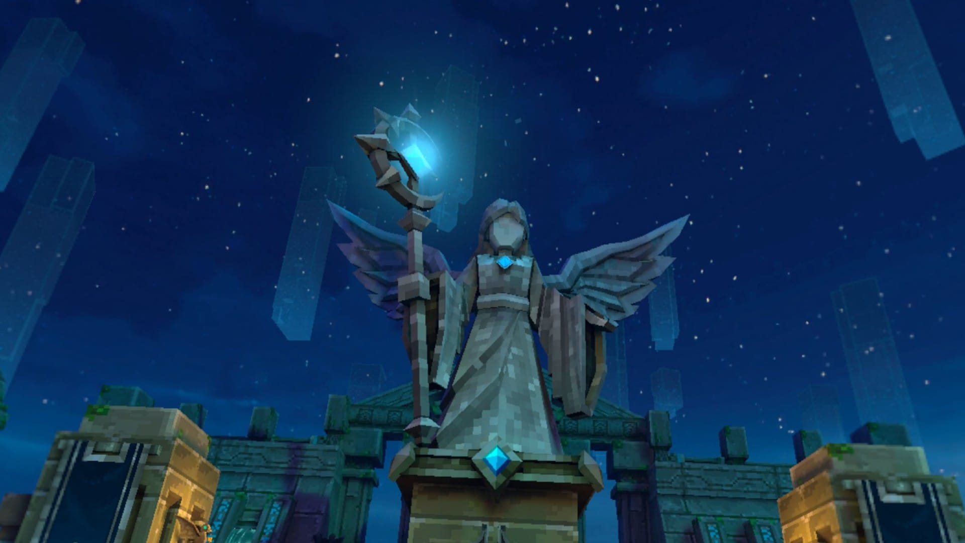 An Angel statue with a glowing blue gem in their staff in Pixel Dungeon VR gameplay