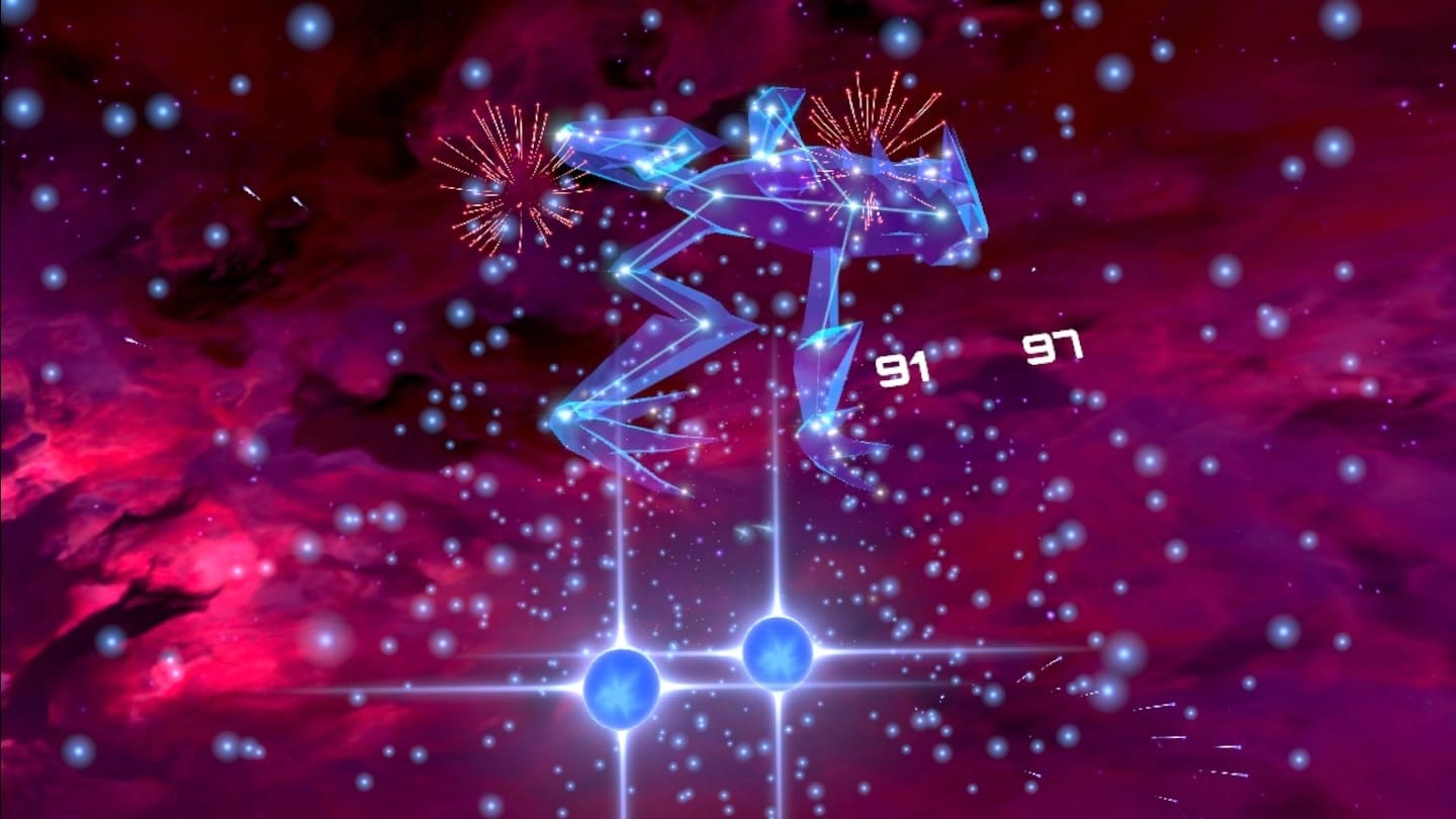 Constellation shaped like a frog on screen with two light orbs beneath it