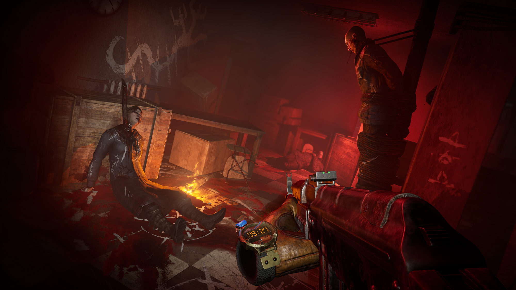 Metro Awakening screenshot shows an underground room lit by a torch with several dead bodies