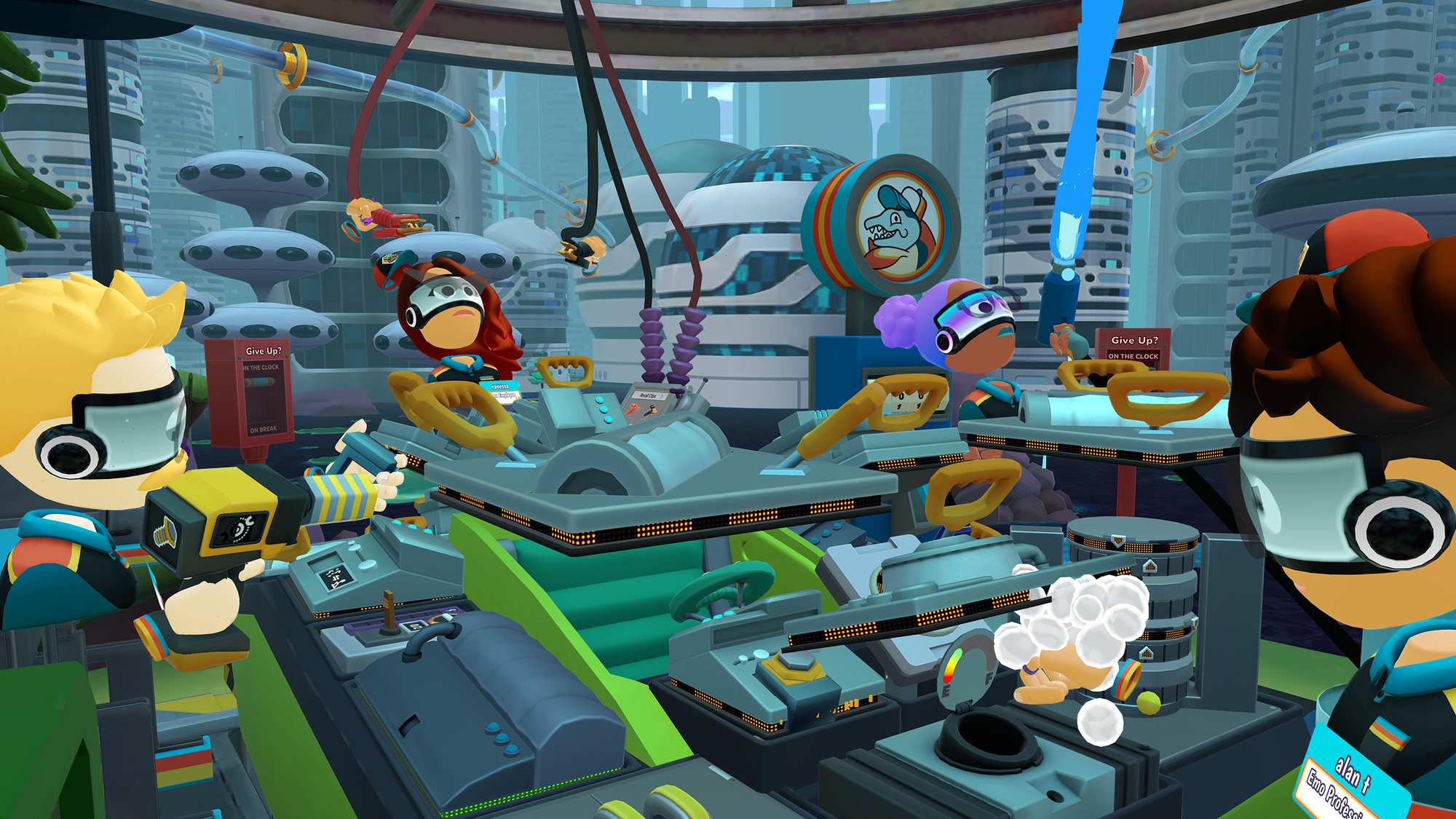 Four avatars working in a sci-fi car garage