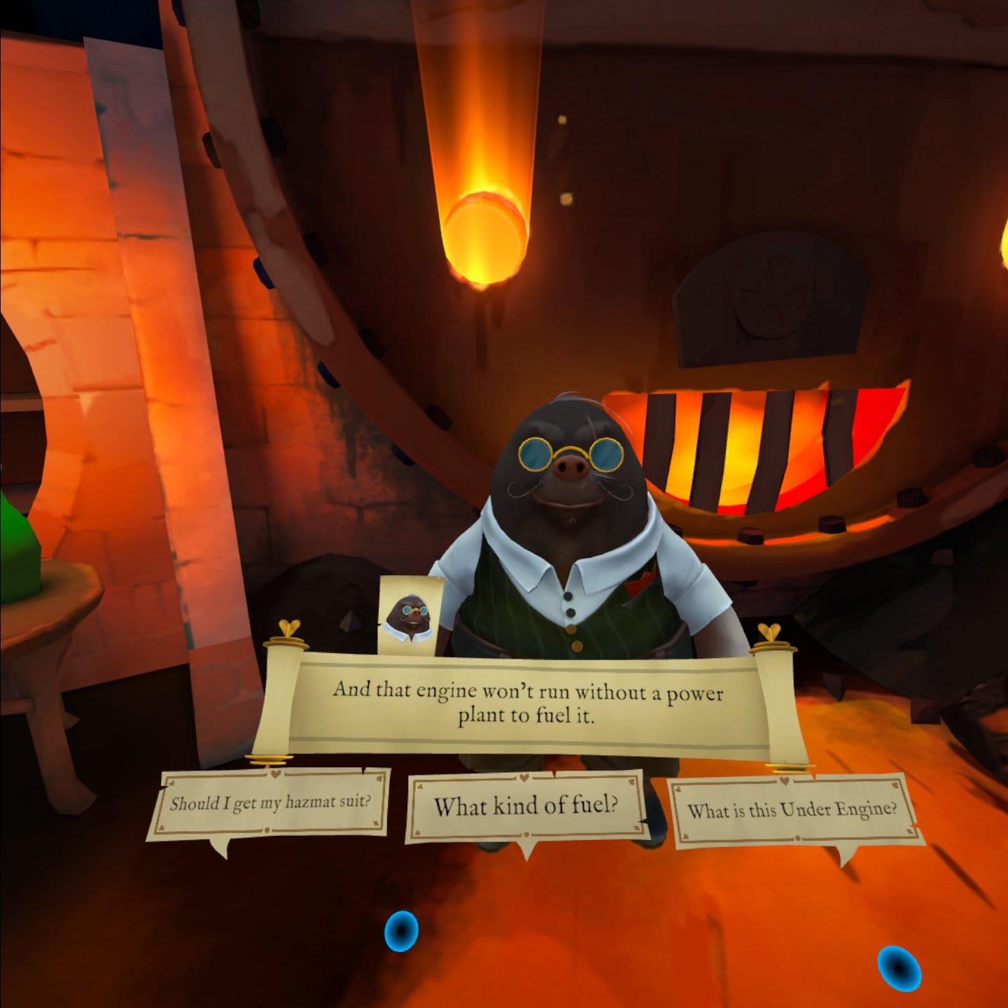 Escaping Wonderland screenshot shows three dialogue choices to a question from Mr Mole