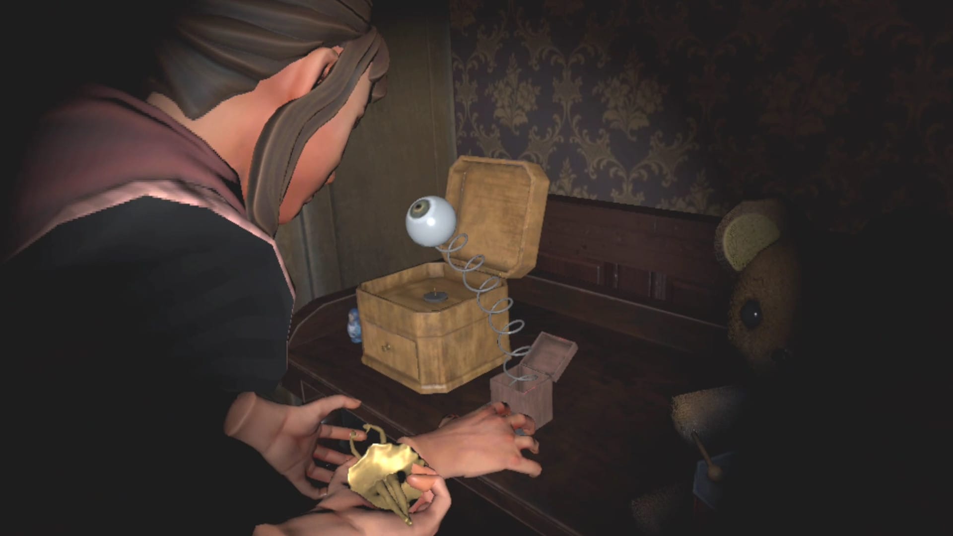 Another Door: Escape room screenshot shows a character looking at a fake eyeball on a spring