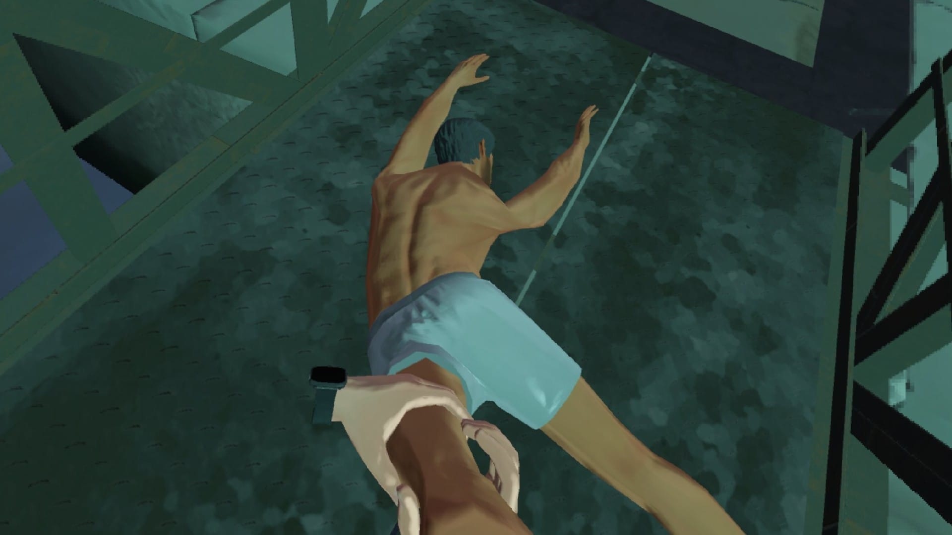 Jugador arrastrando un cuerpo inconsciente con solo pantalones cortos en Hitman 3 VR Reloaded