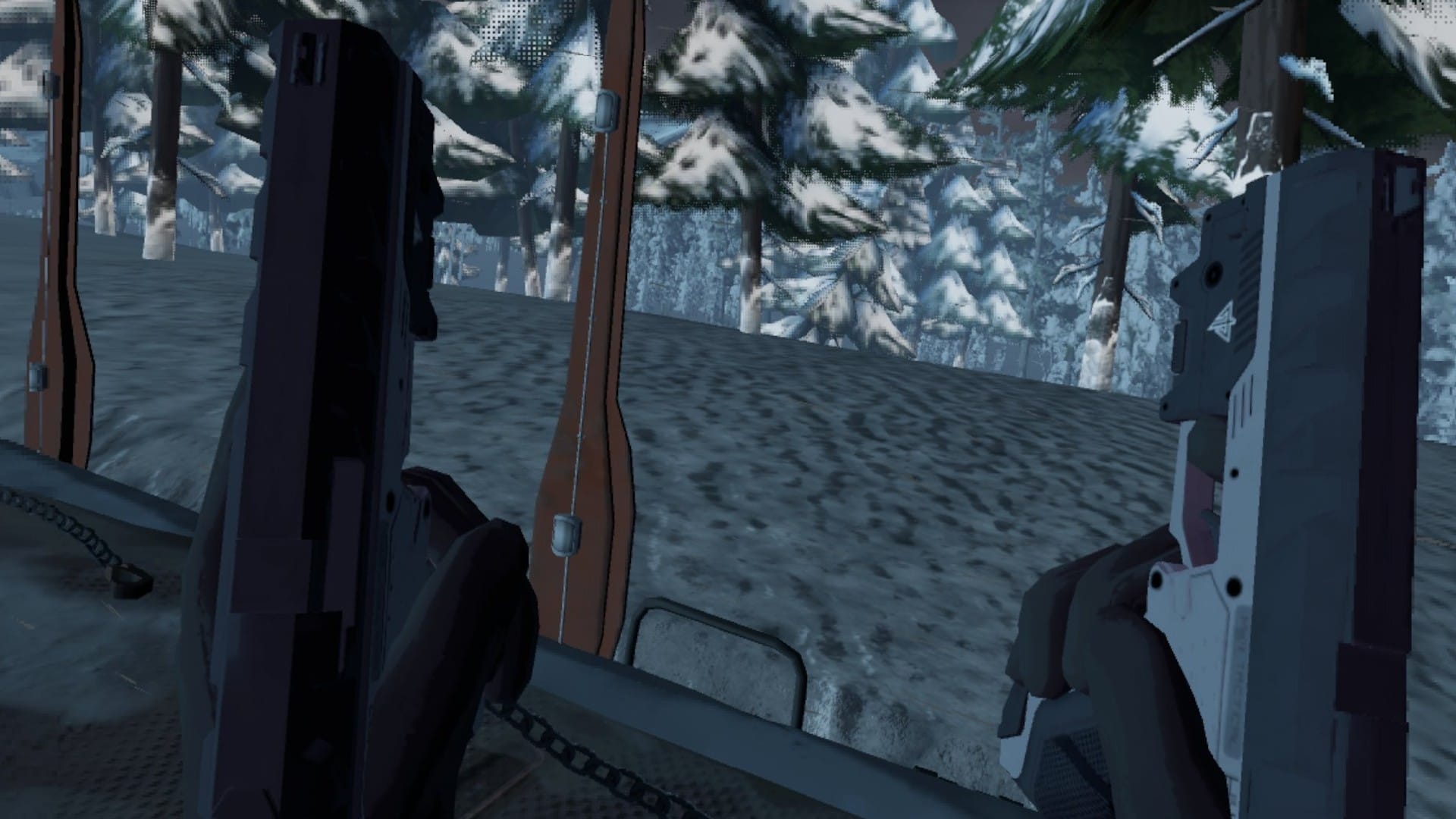 Jugador sosteniendo dos armas frente a árboles cubiertos de nieve en Hitman 3 VR Reloaded