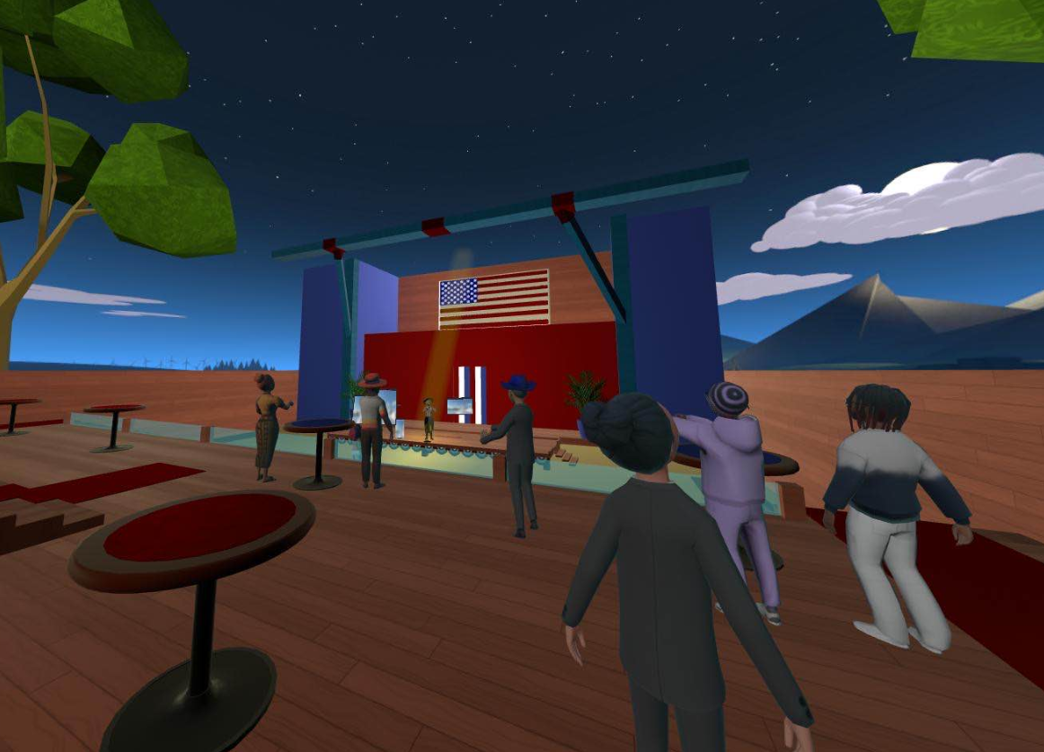 Several people standing around at a virtual rally.