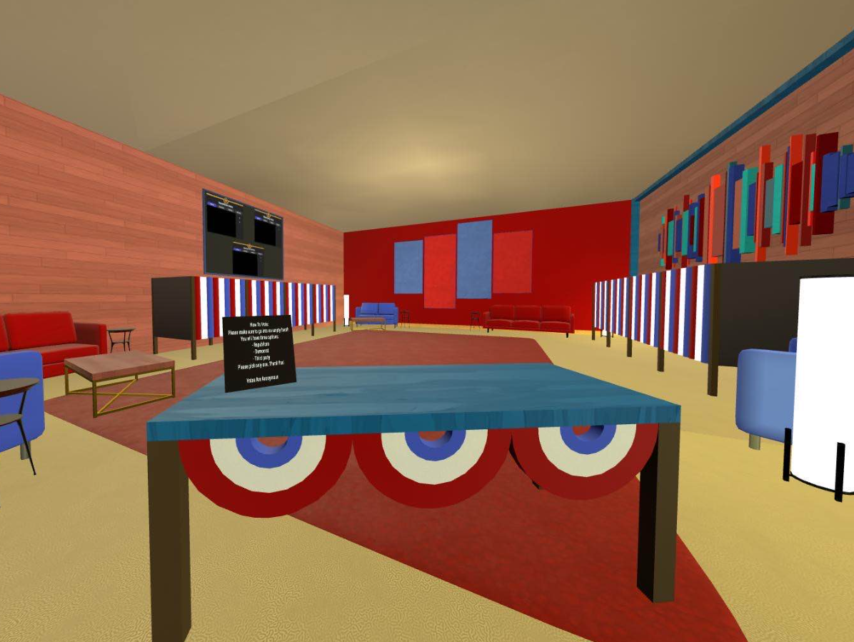 A virtual voting booth room that is decorated with red white and blue, plus fake voting screens