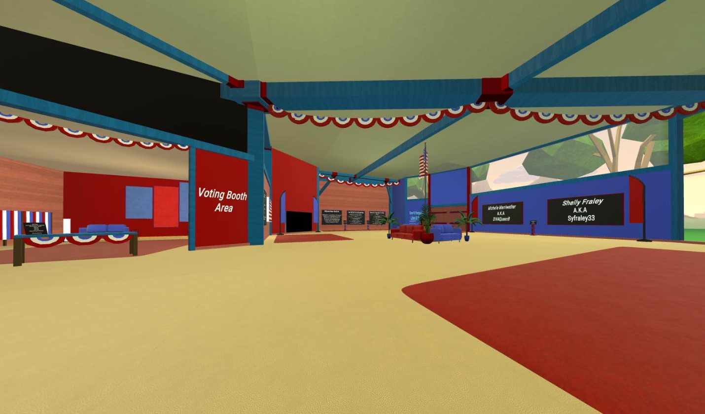 A virtual lobby with off-white design and red and blue decorations with signs