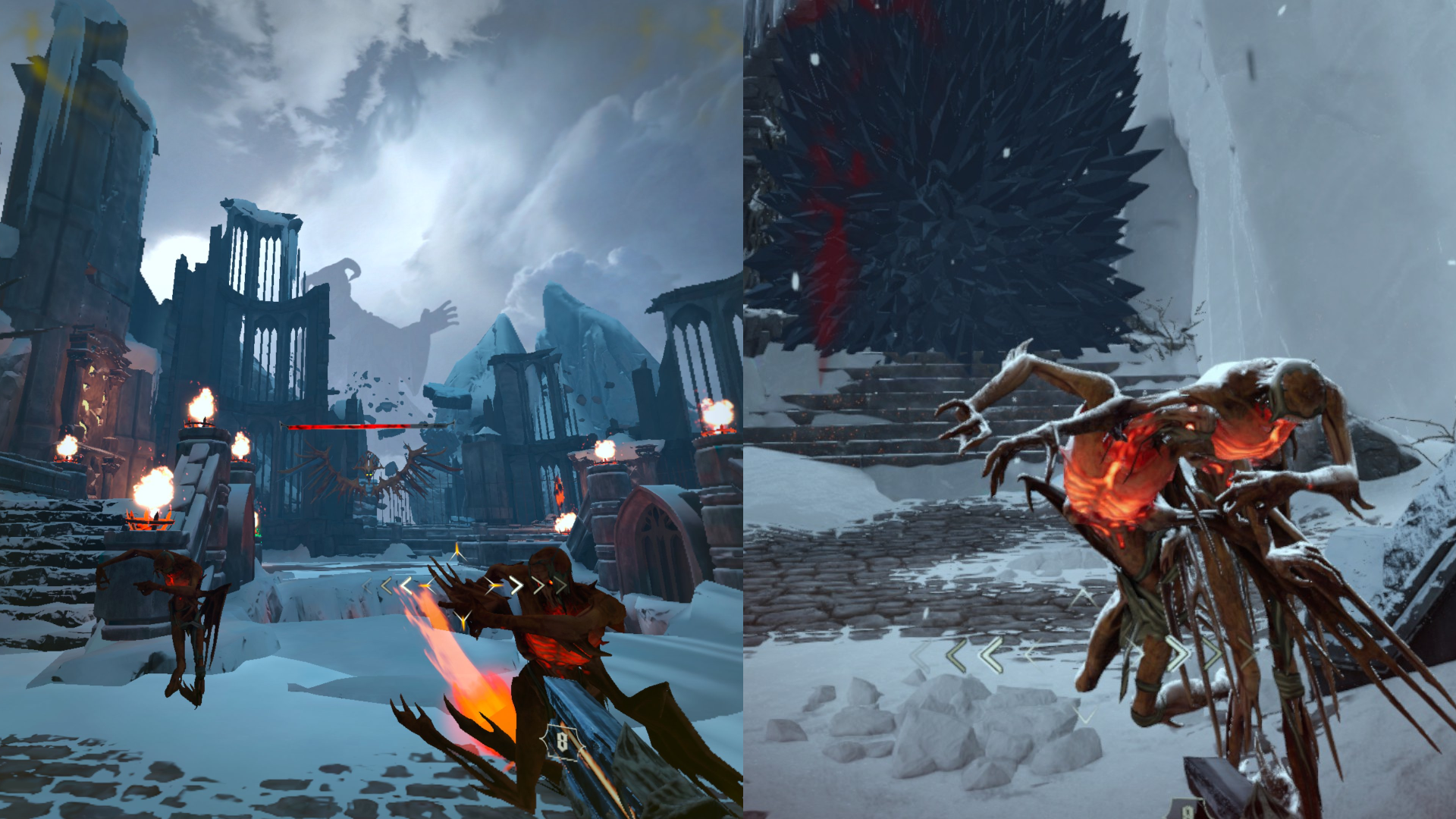 Two combat arenas on an icy realm showing the Marionette enemies.