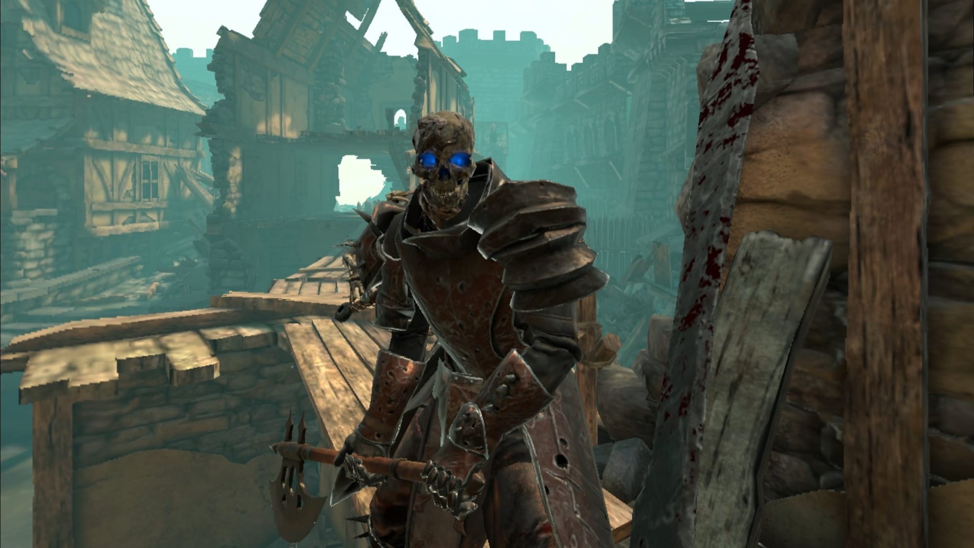 Armored skeleton with an axe standing in front of you