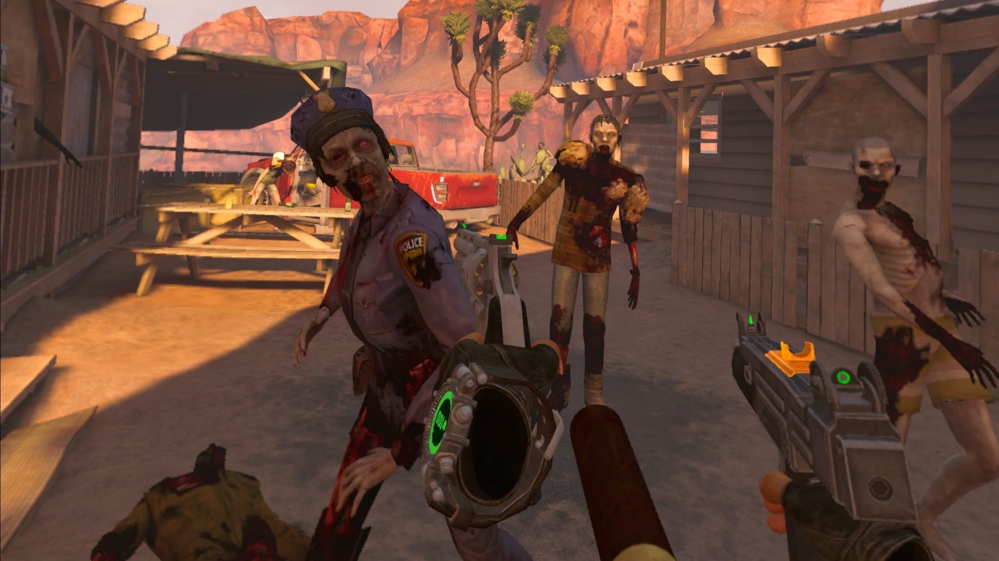 Arizona Sunshine remake screenshot shows floating hands aiming guns at nearby zombies