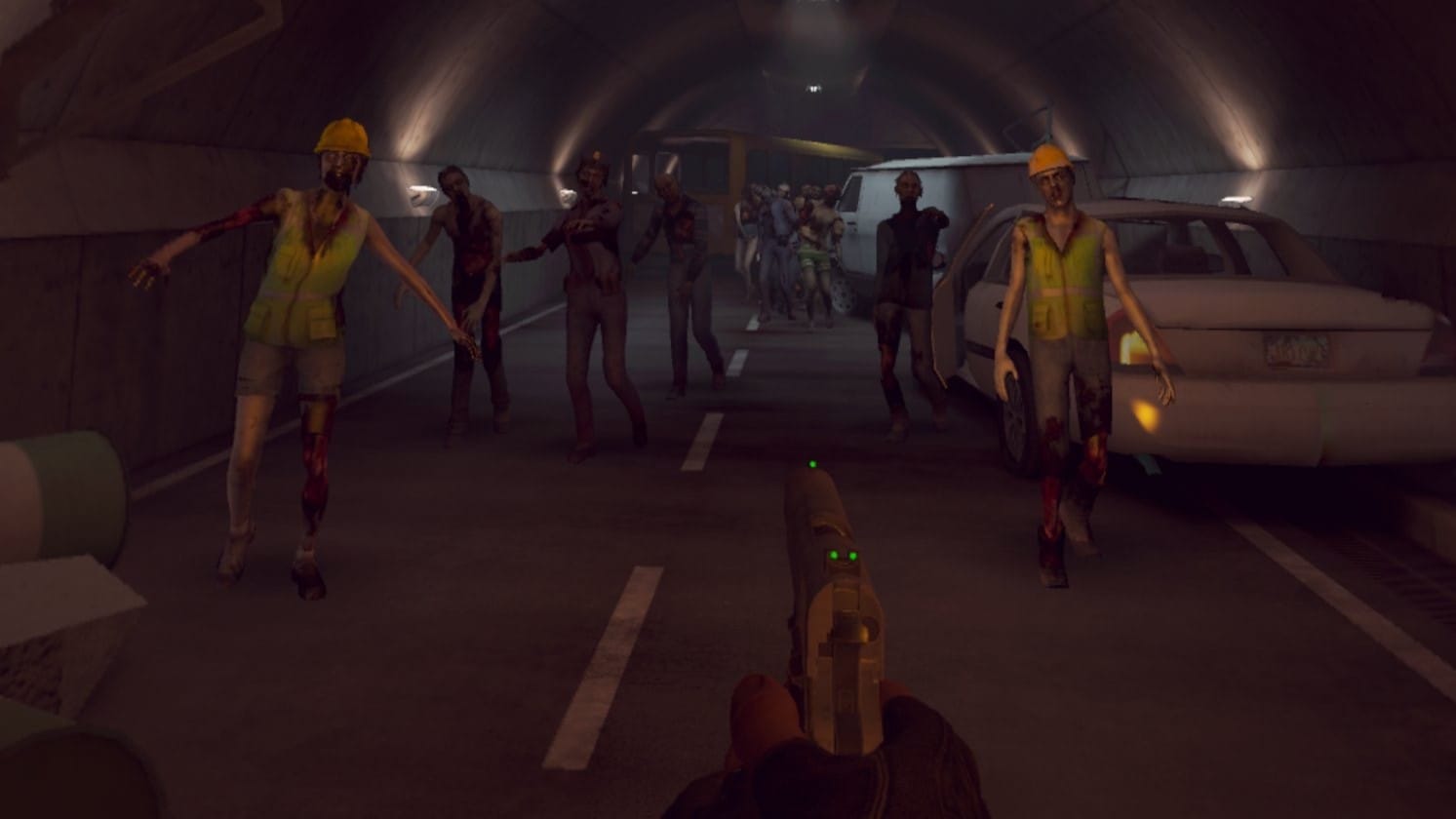 Arizona Sunshine remake screenshot shows a tunnel with crashed vehicles and zombies