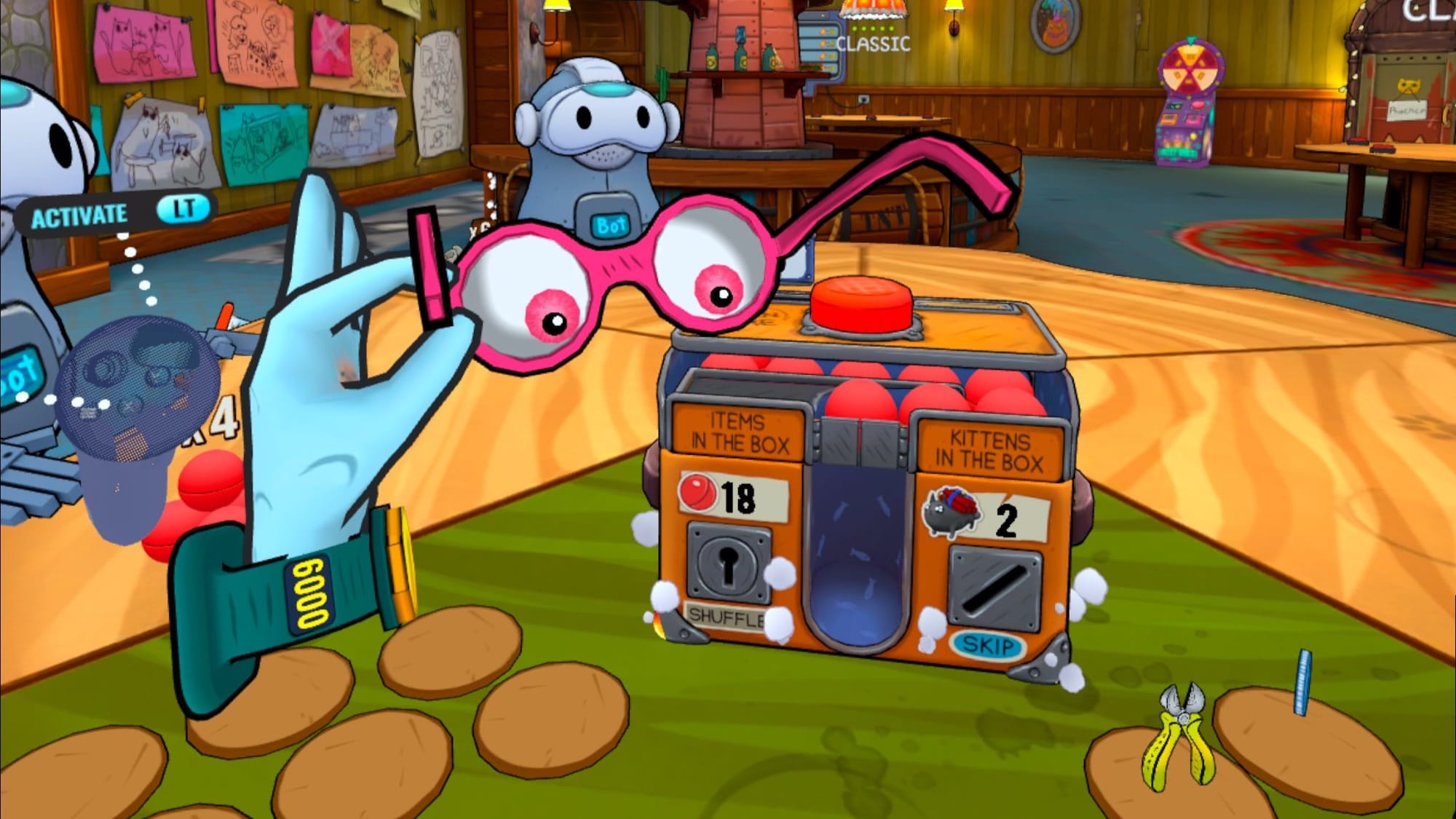 Floating hand holding cartoon glasses with eyes on them in front of a box