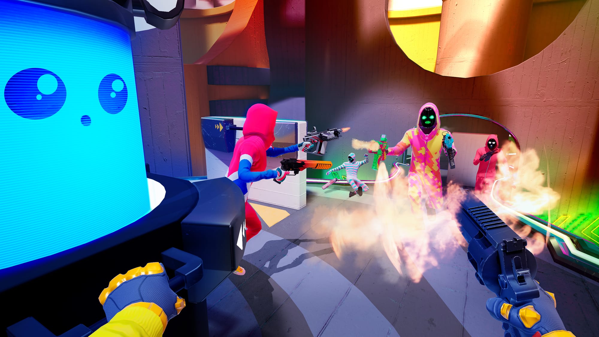 Multiple avatars in colorful outfits firing guns at each other