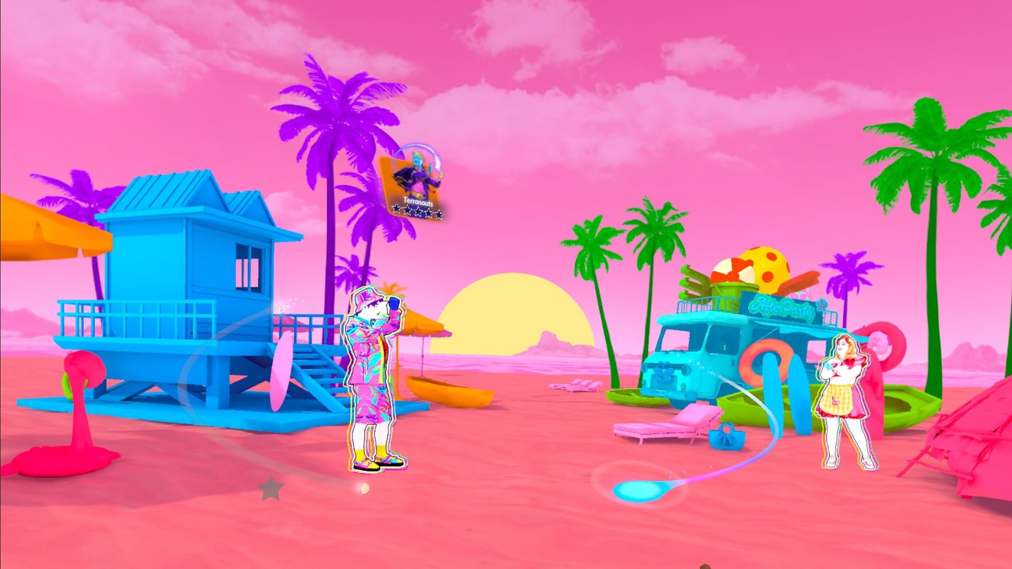 Just Dance VR screenshot shows a pink colorful beach with two dancers nearby