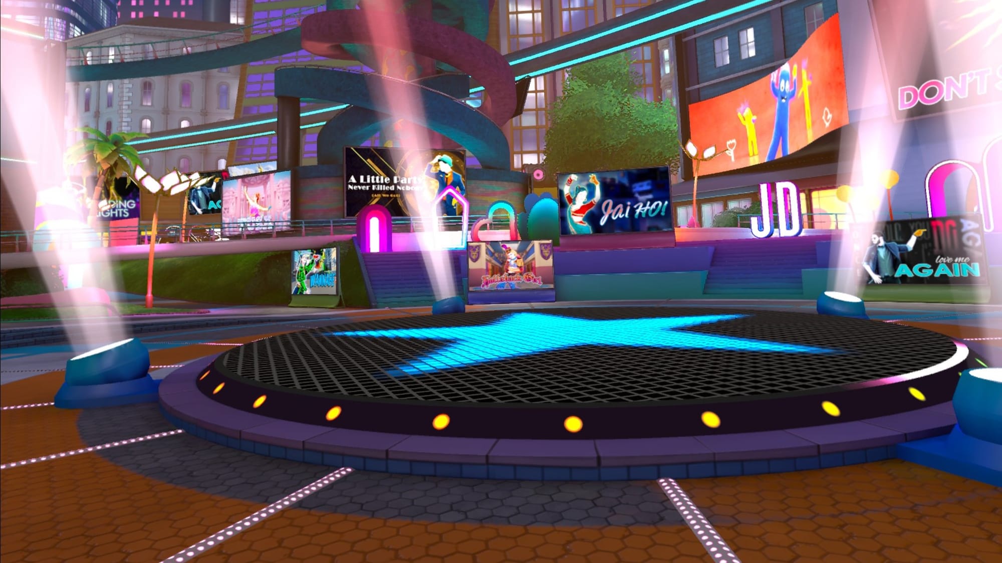 Just Dance VR screenshot shows a stage with a blue star in the middle and song billboards nearby