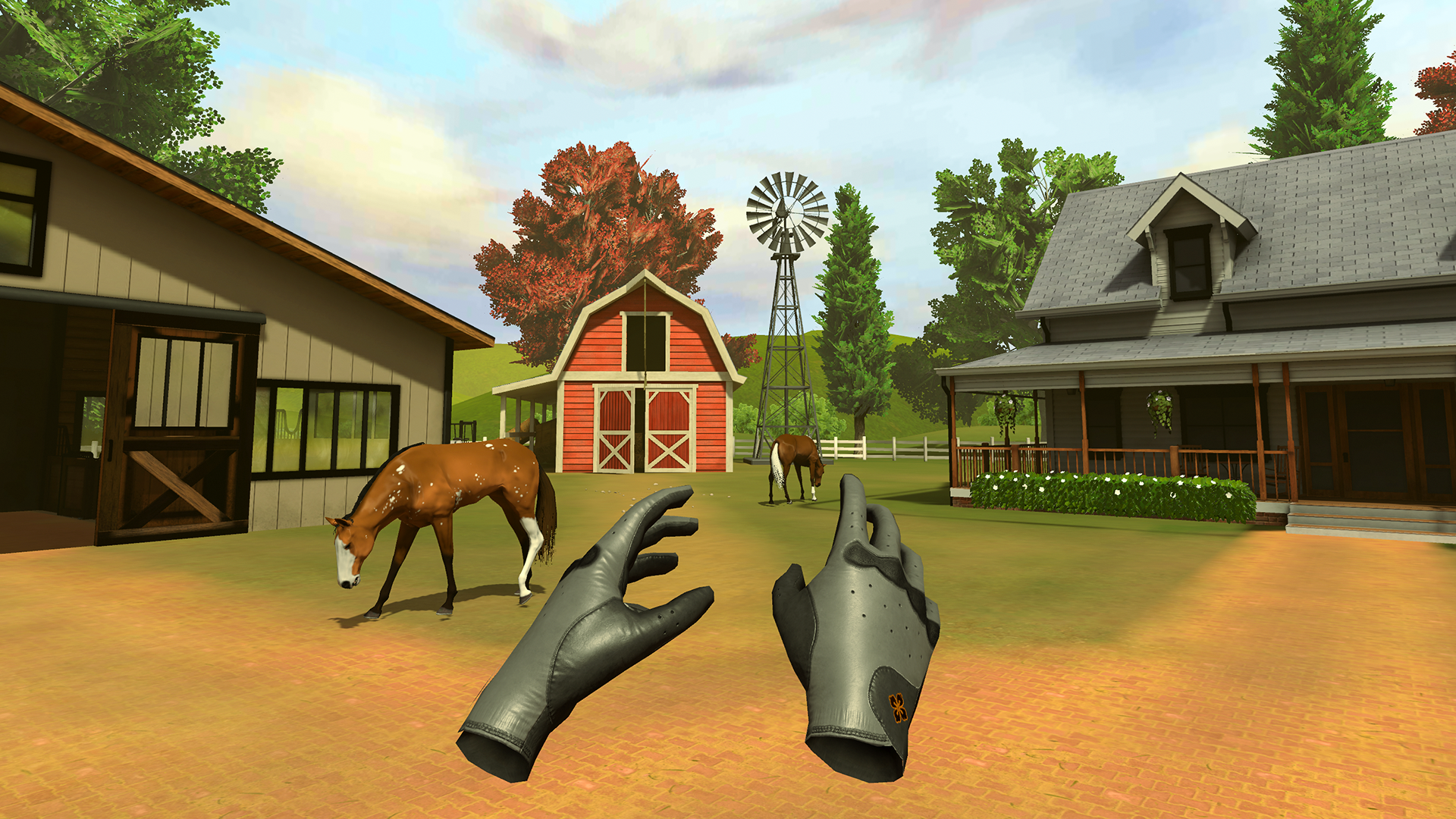 Two floating hands in front of two horses across a field with buildings