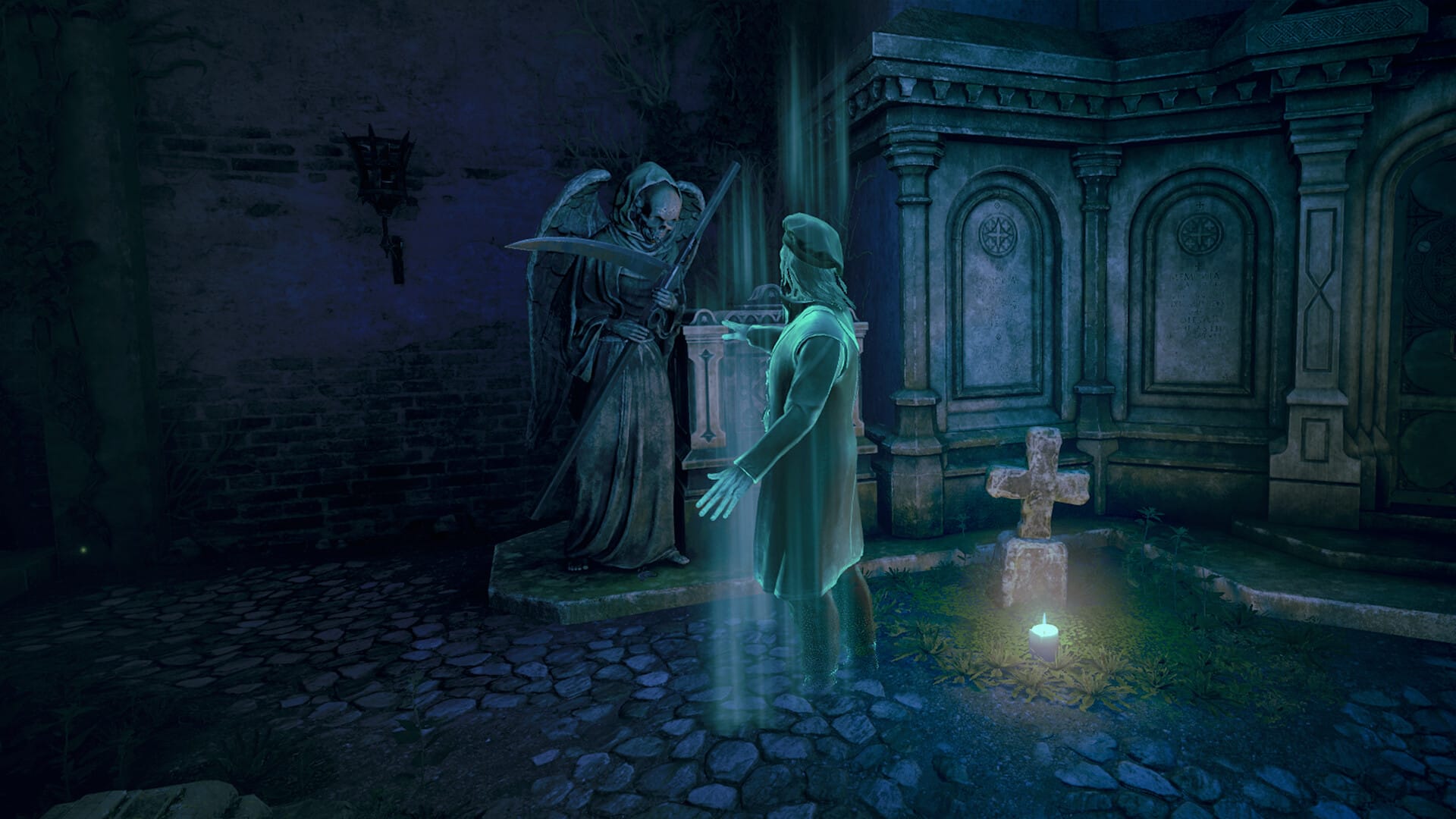 The House of Da Vinci screenshot shows a ghost approaching a statue of Death