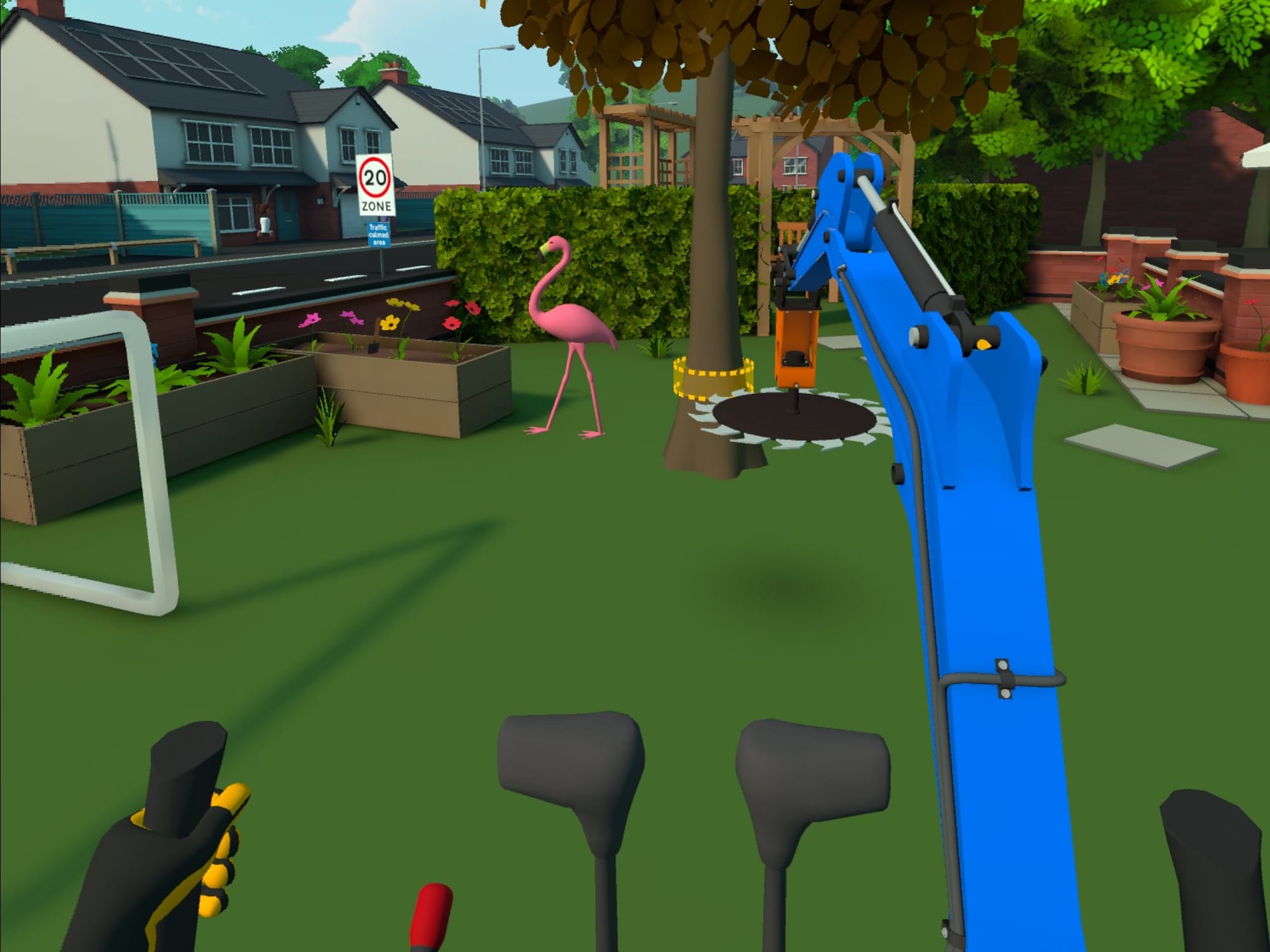 DIG VR screenshot shows a buzzsaw attached to a vehicle heading towards a tree