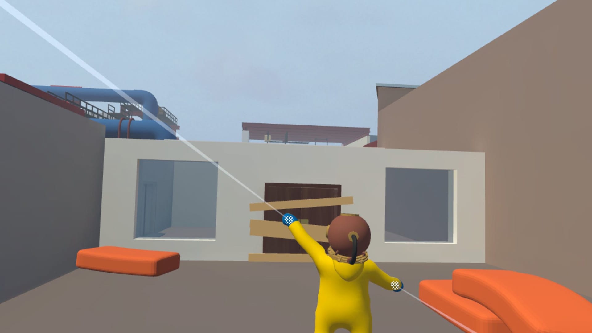 Human Fall Flat VR screenshot shows a character in yellow clothes approaching a closed off door